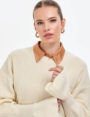 Ekru Regular Fit Yün Kazak