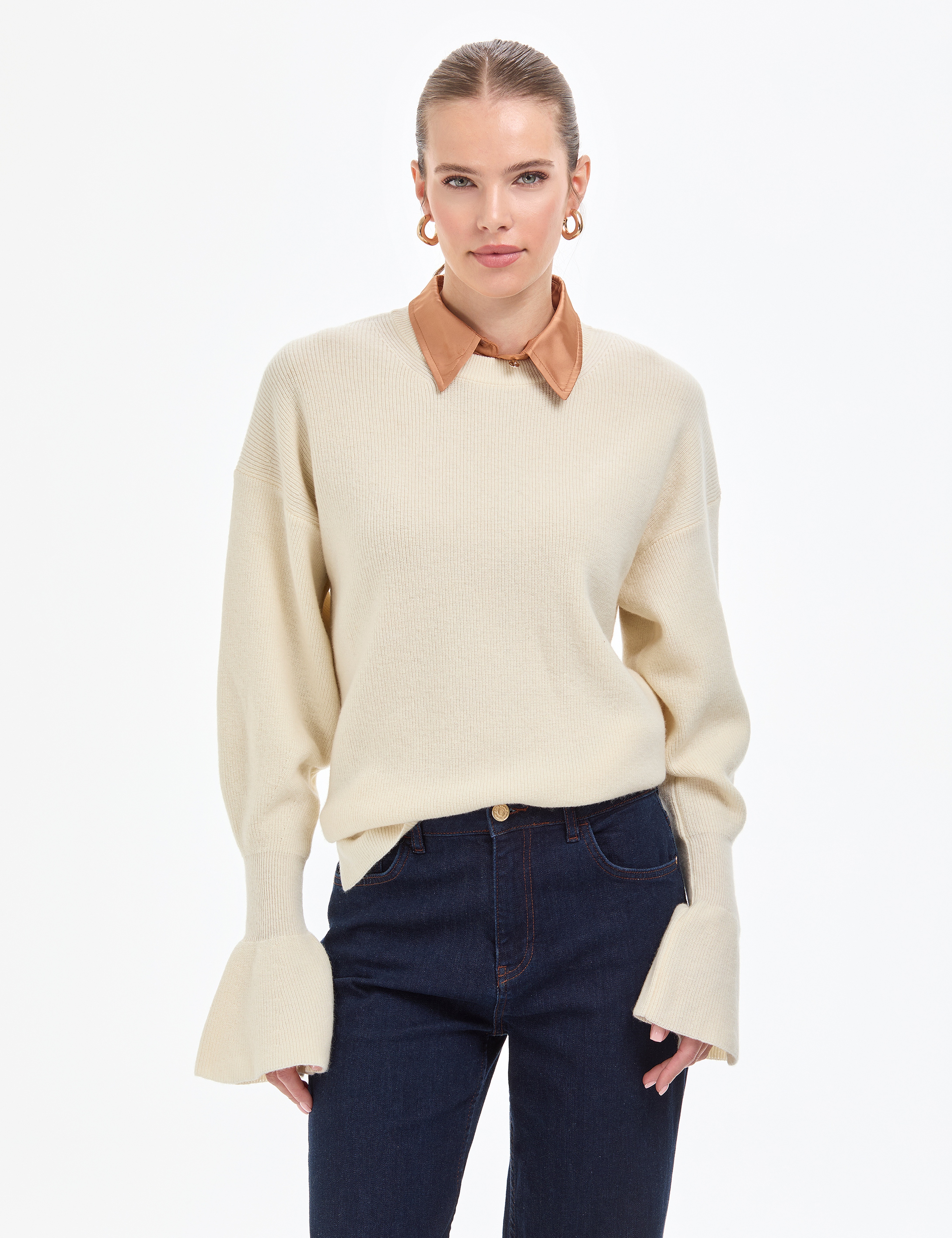 Ekru Regular Fit Yün Kazak - Image 1