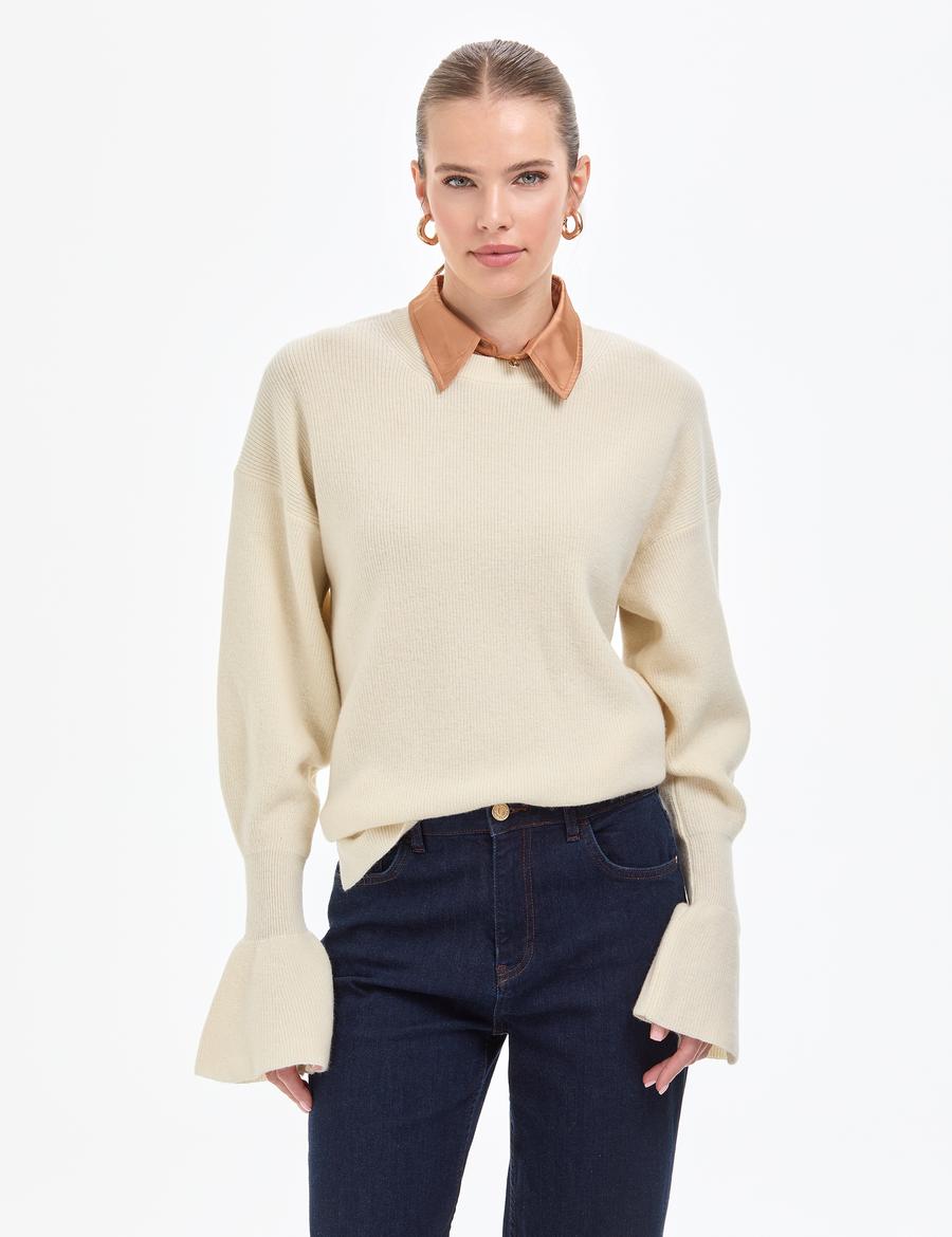 Ekru Regular Fit Yün Kazak