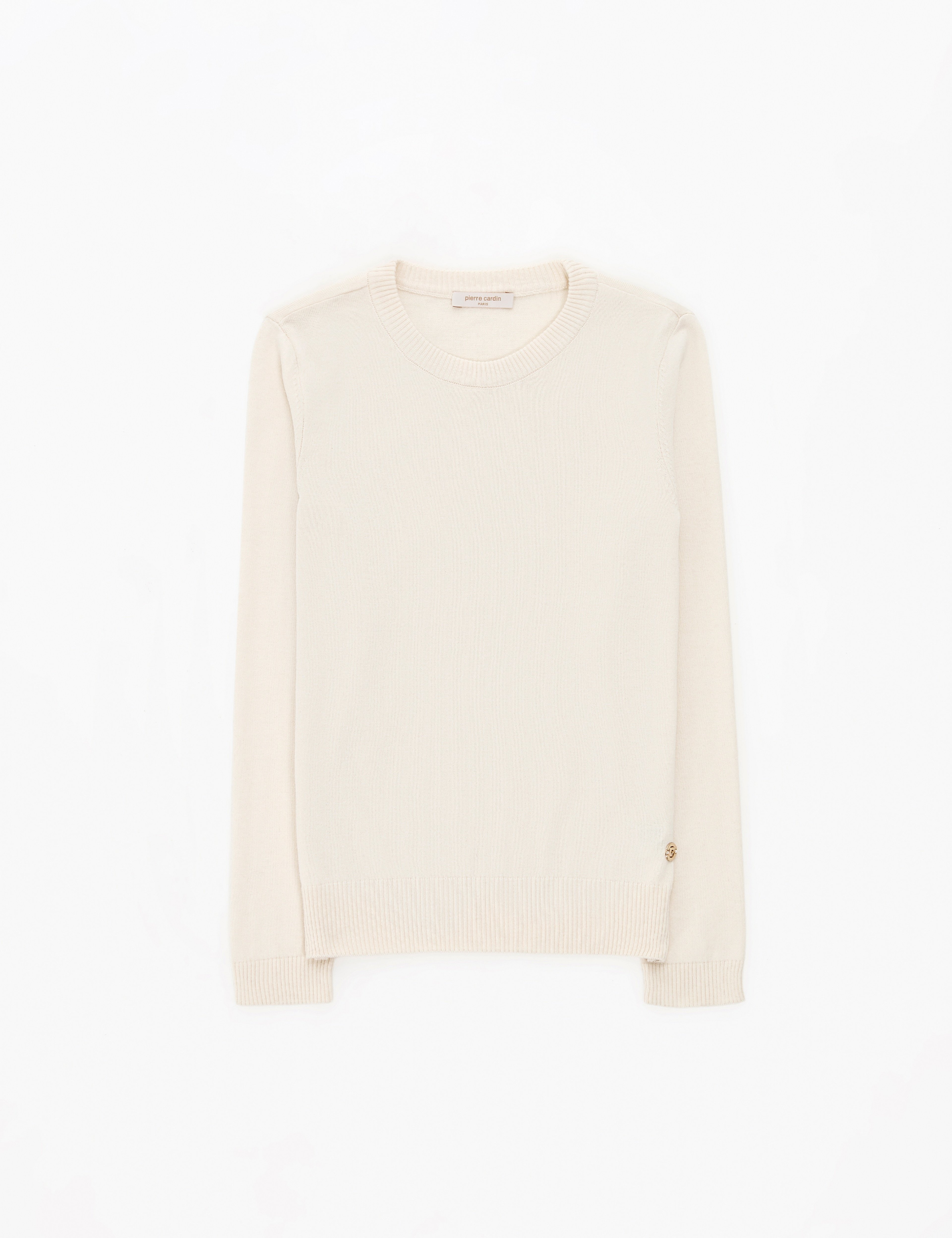 Ekru Slim Fit Bisiklet Yaka Basic Kazak