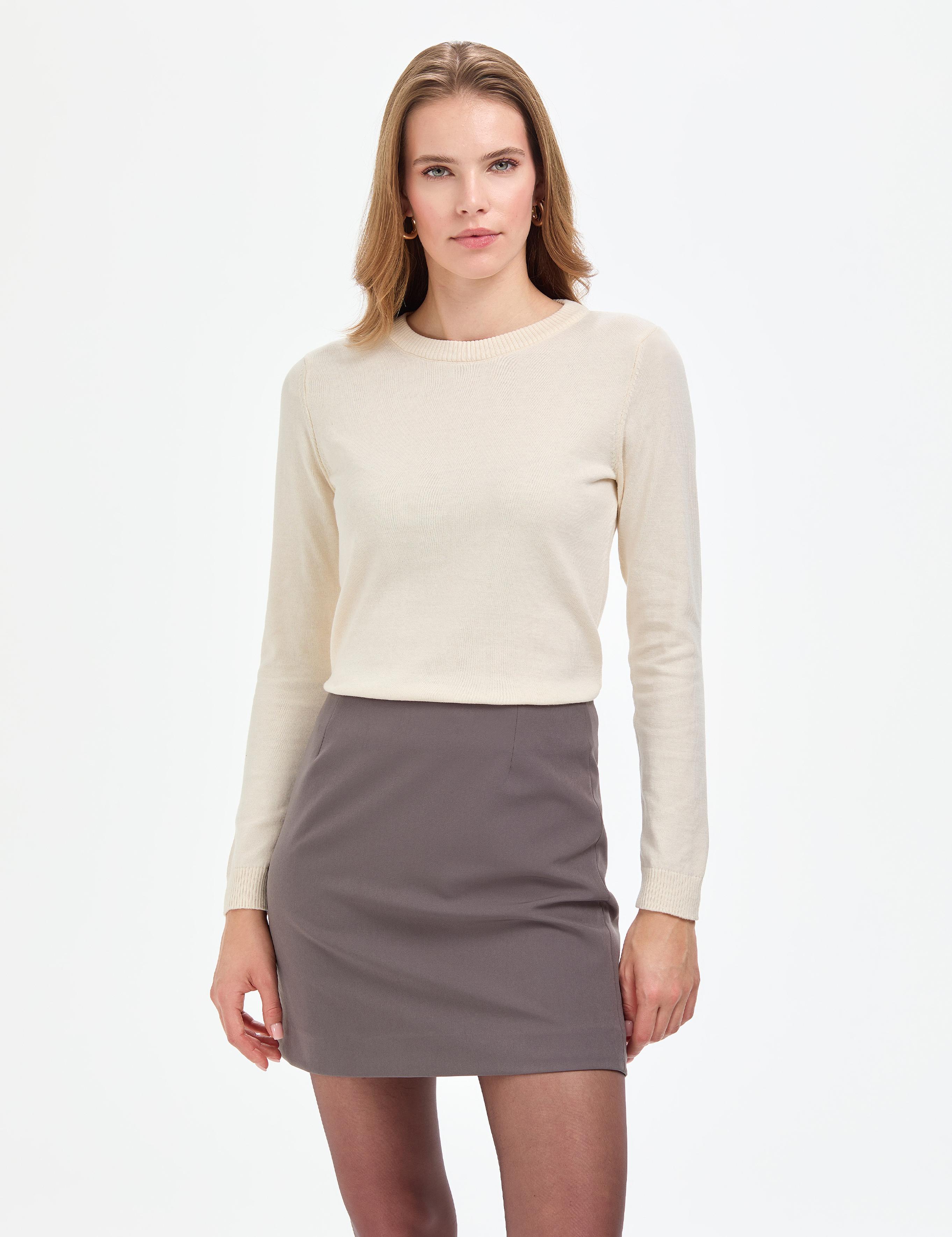 Ekru Slim Fit Bisiklet Yaka Basic Kazak