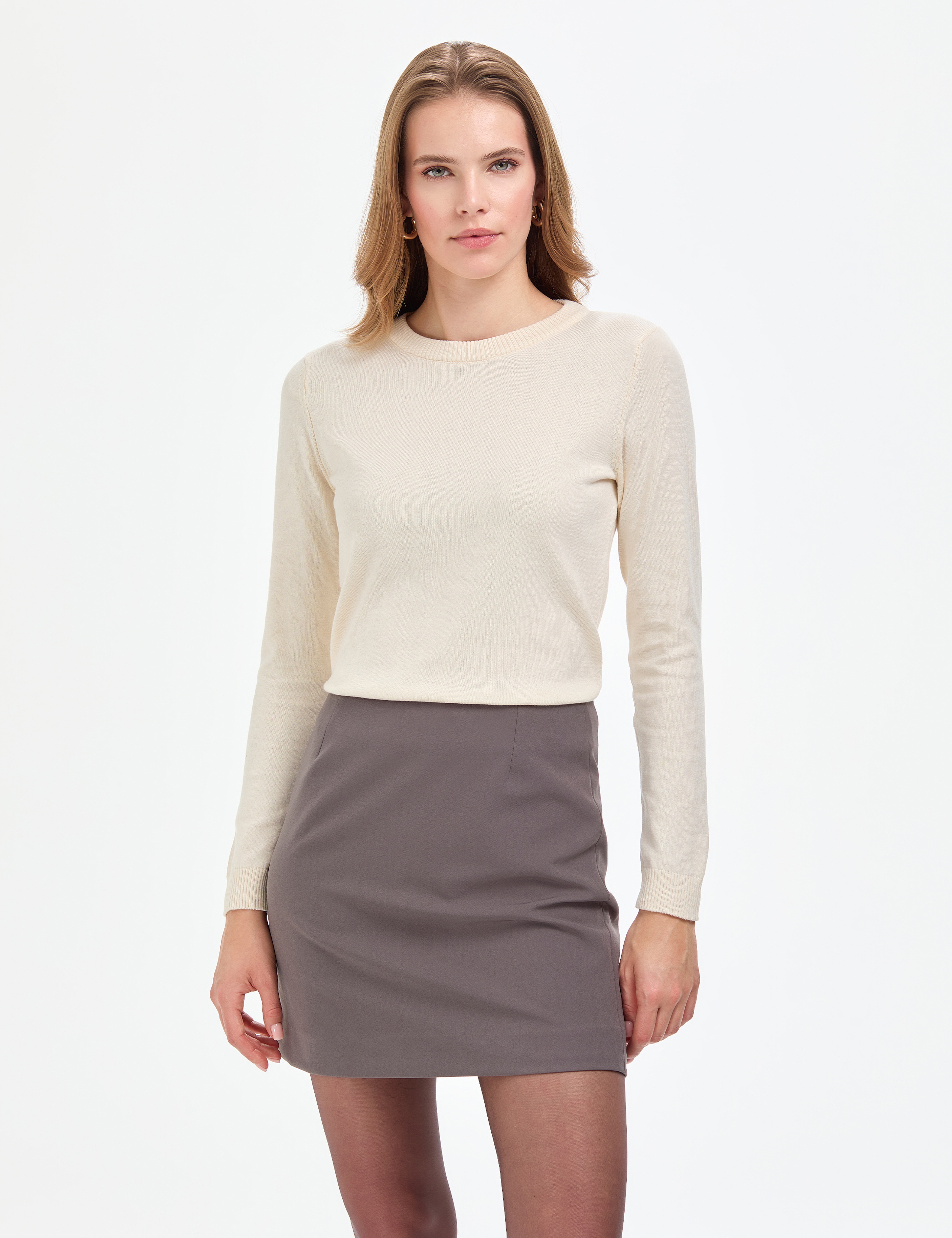 Ekru Slim Fit Bisiklet Yaka Basic Kazak - Image 1