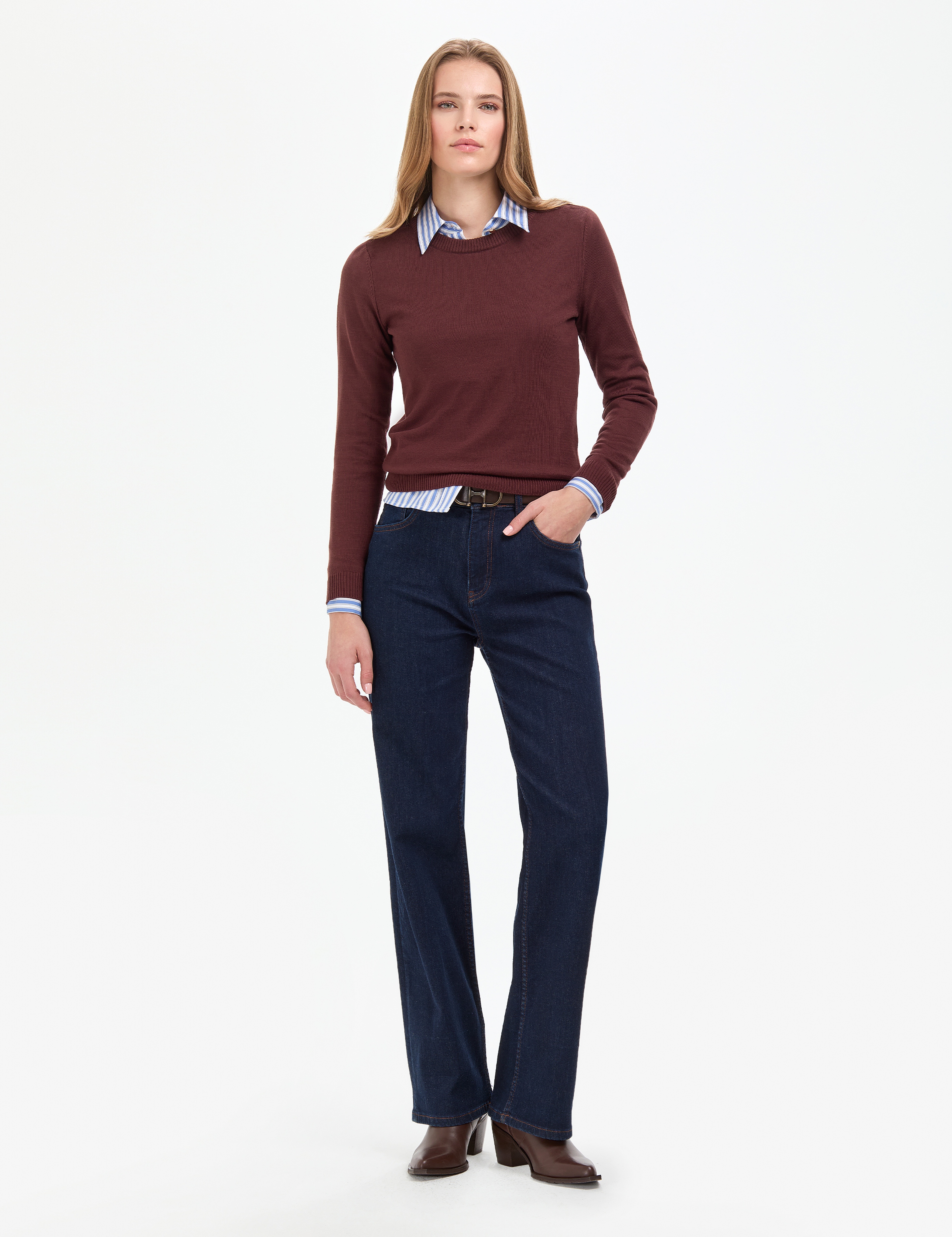 Kahverengi Slim Fit Bisiklet Yaka Basic Kazak - Image 4