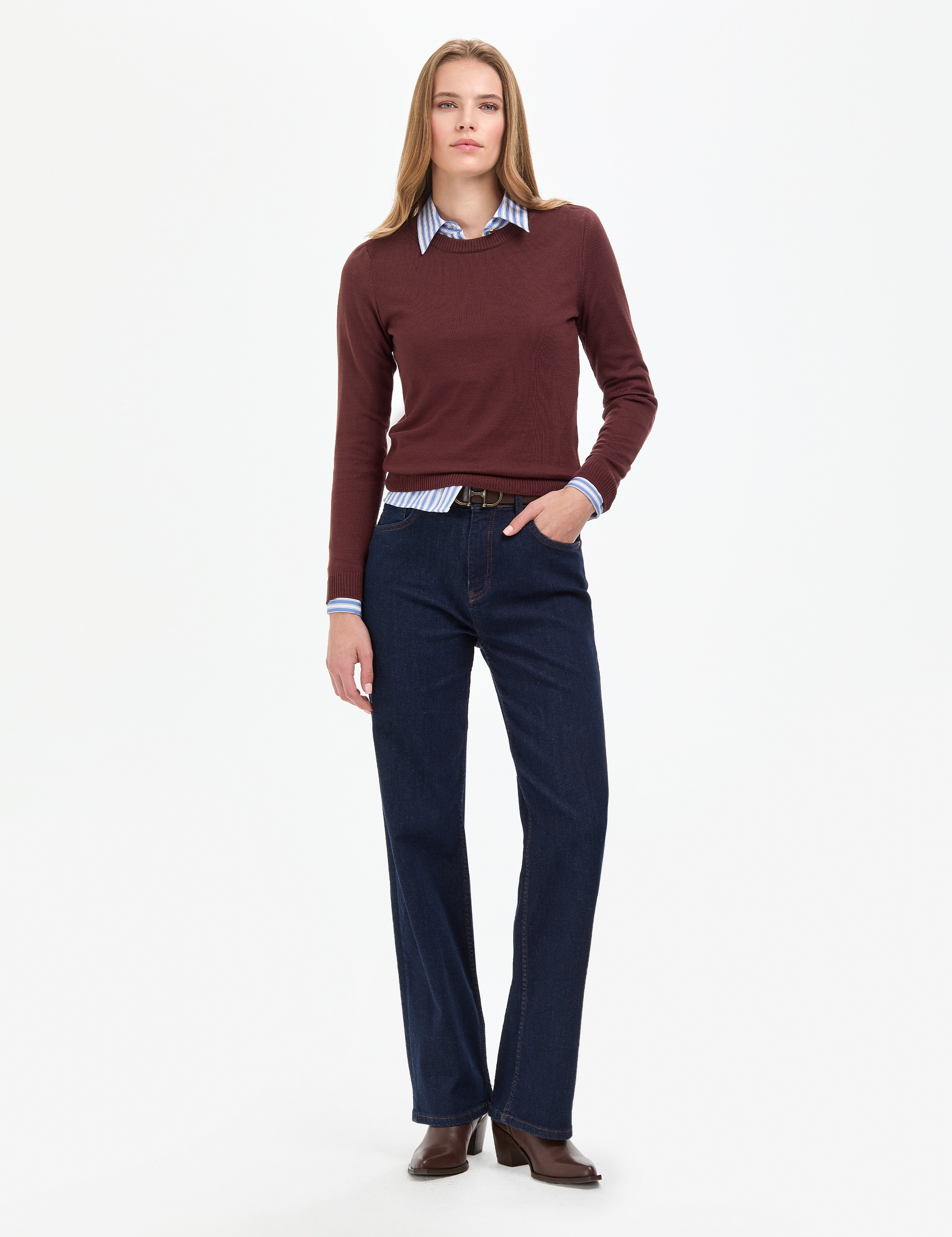 Kahverengi Slim Fit Bisiklet Yaka Basic Kazak