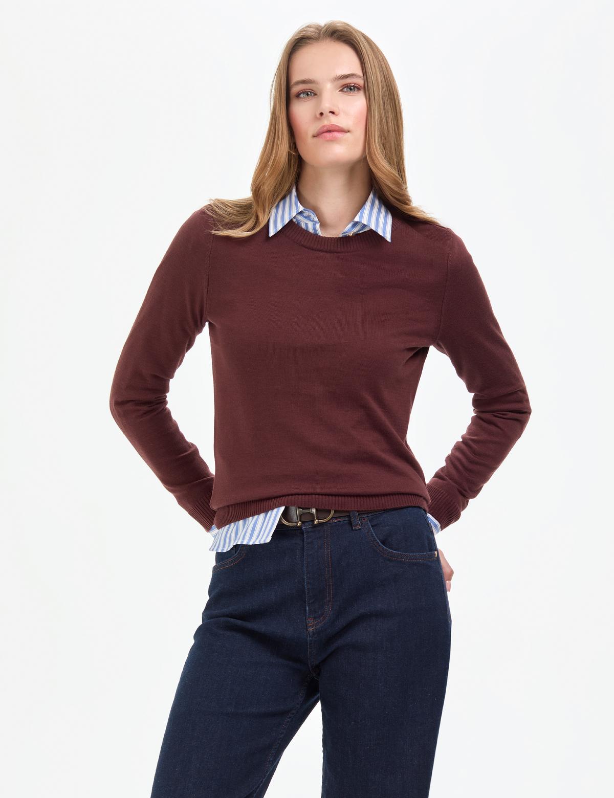 Kahverengi Slim Fit Bisiklet Yaka Basic Kazak