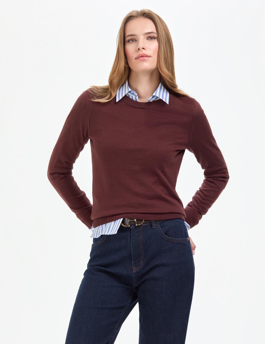 Kahverengi Slim Fit Bisiklet Yaka Basic Kazak