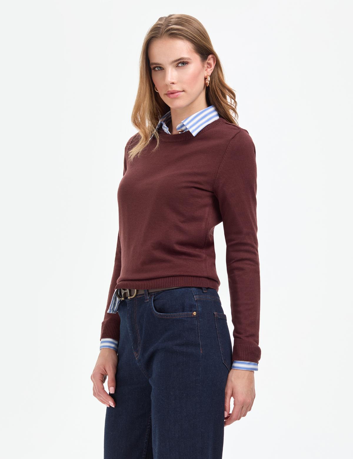 Kahverengi Slim Fit Bisiklet Yaka Basic Kazak - 50315758064