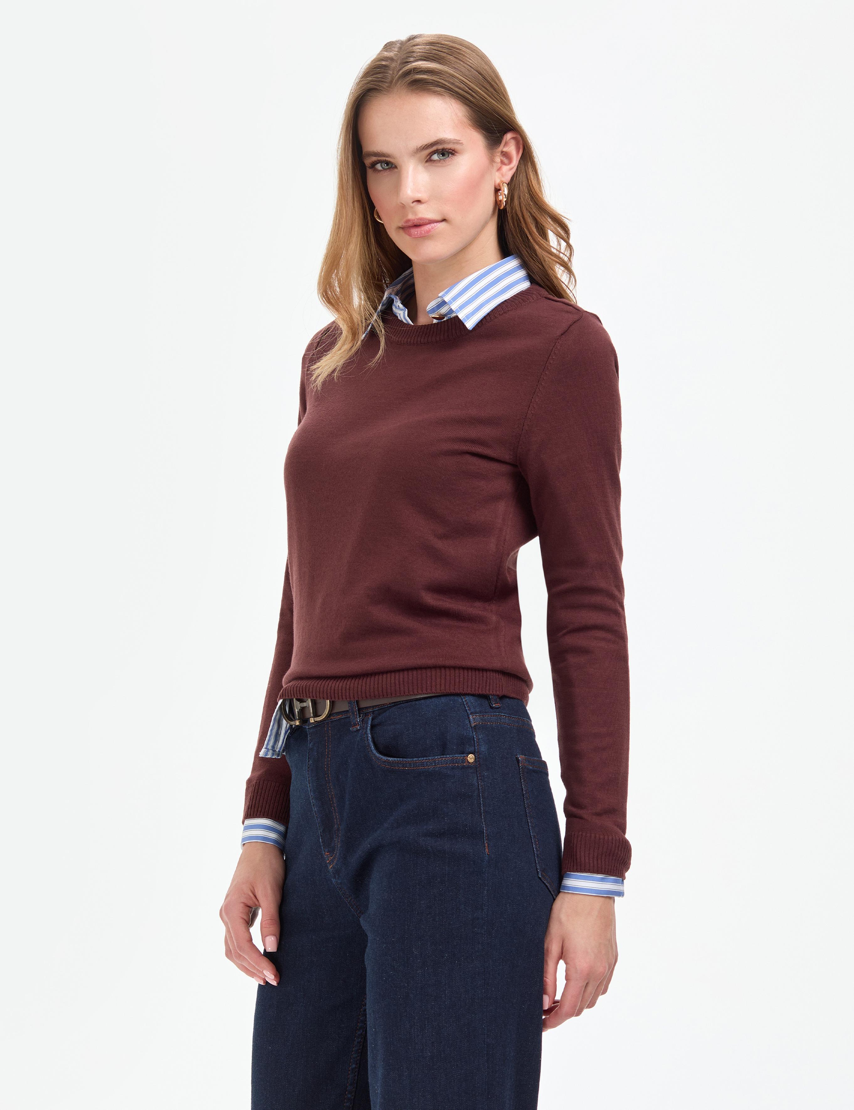 Kahverengi Slim Fit Bisiklet Yaka Basic Kazak