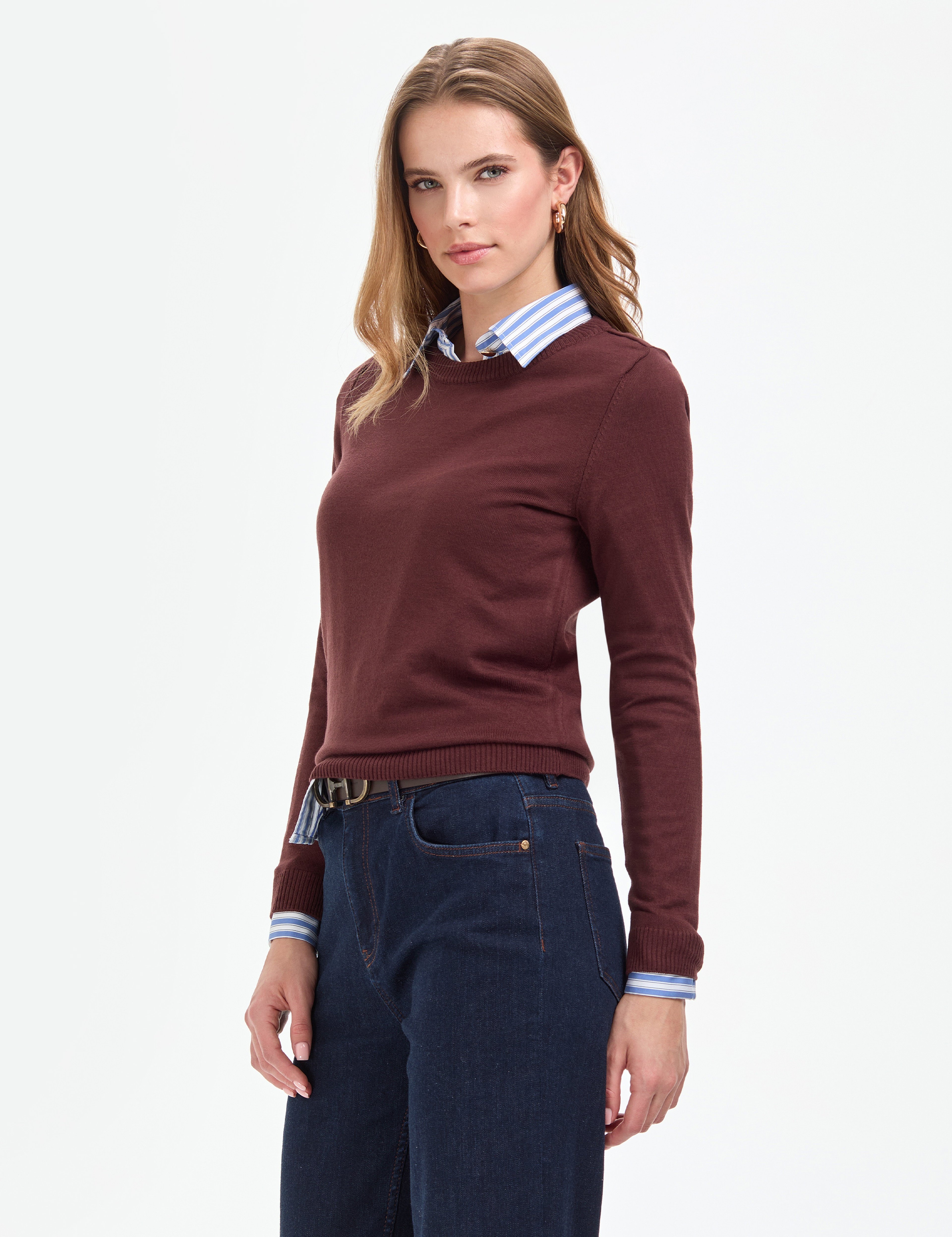 Kahverengi Slim Fit Bisiklet Yaka Basic Kazak - Image 3