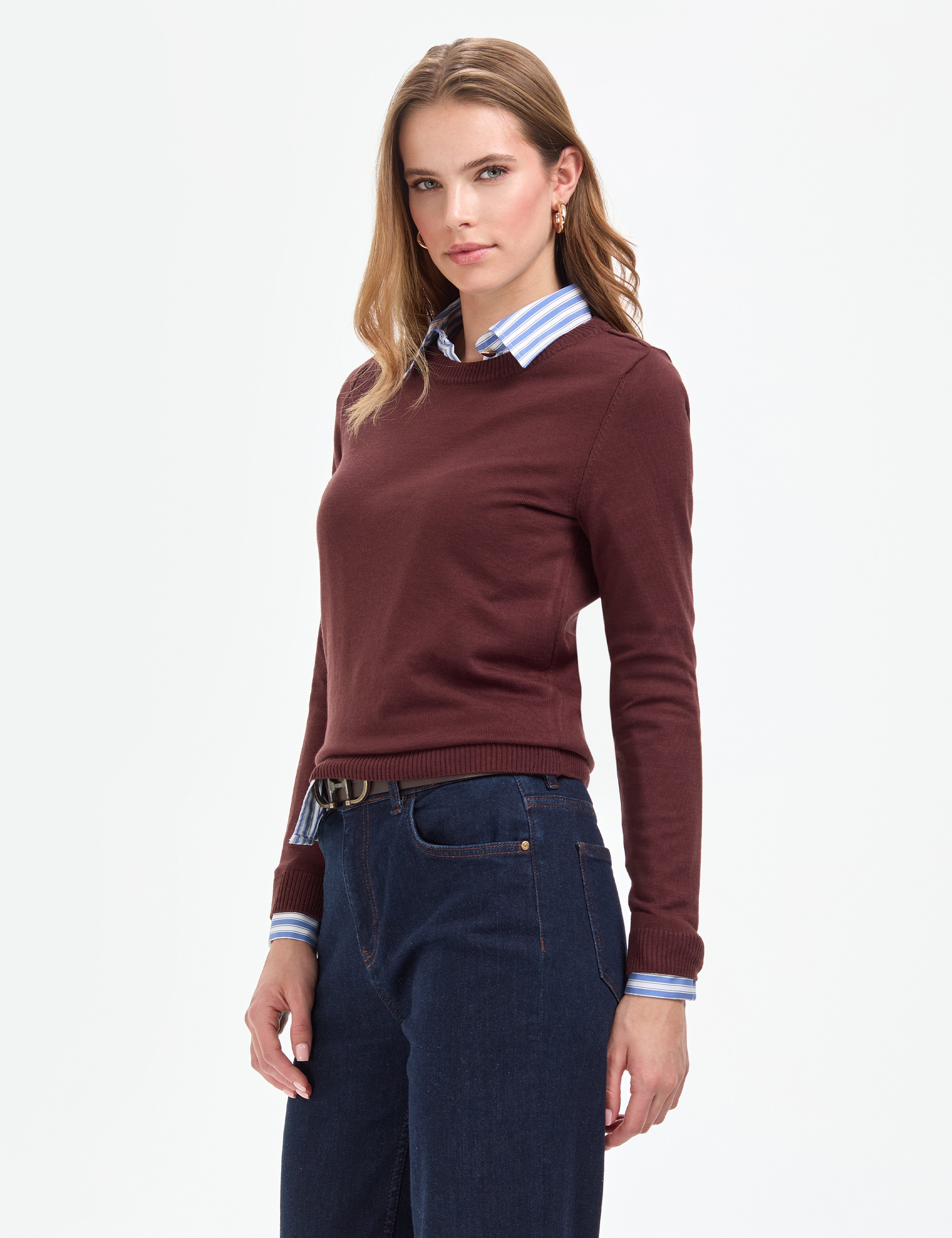 Kahverengi Slim Fit Bisiklet Yaka Basic Kazak