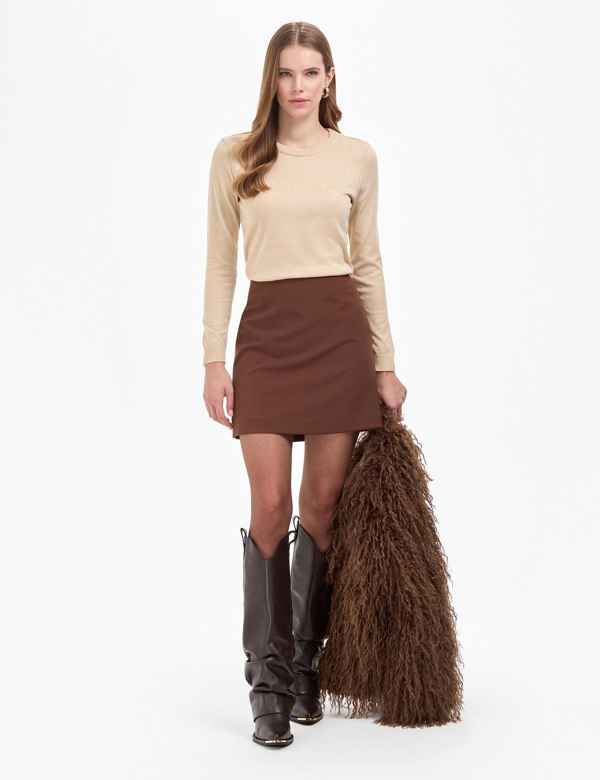 Bej Slim Fit Bisiklet Yaka Basic Kazak - 50315758057