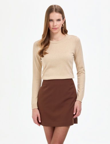 Bej Slim Fit Bisiklet Yaka Basic Kazak