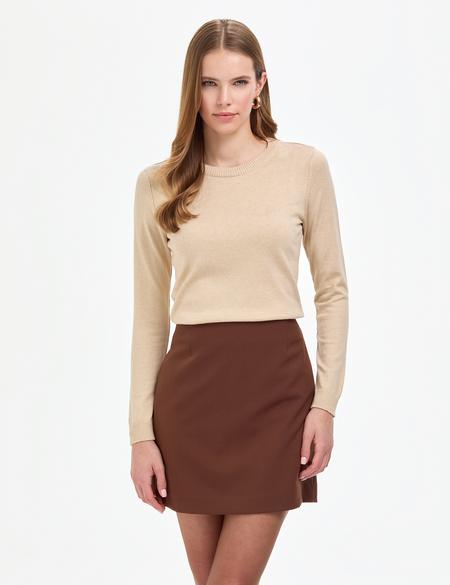 Bej Slim Fit Bisiklet Yaka Basic Kazak - 50315758057