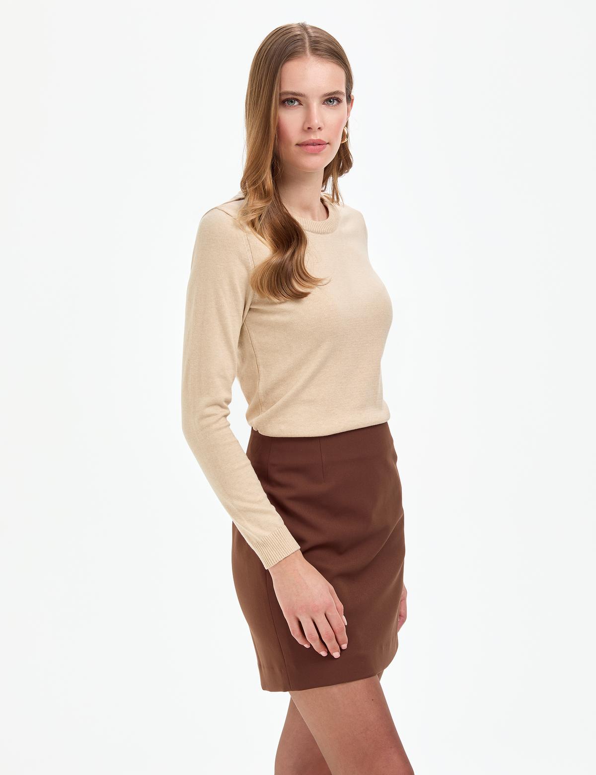 Bej Slim Fit Bisiklet Yaka Basic Kazak - 50315758057