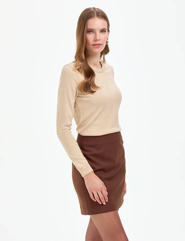 Bej Slim Fit Bisiklet Yaka Basic Kazak