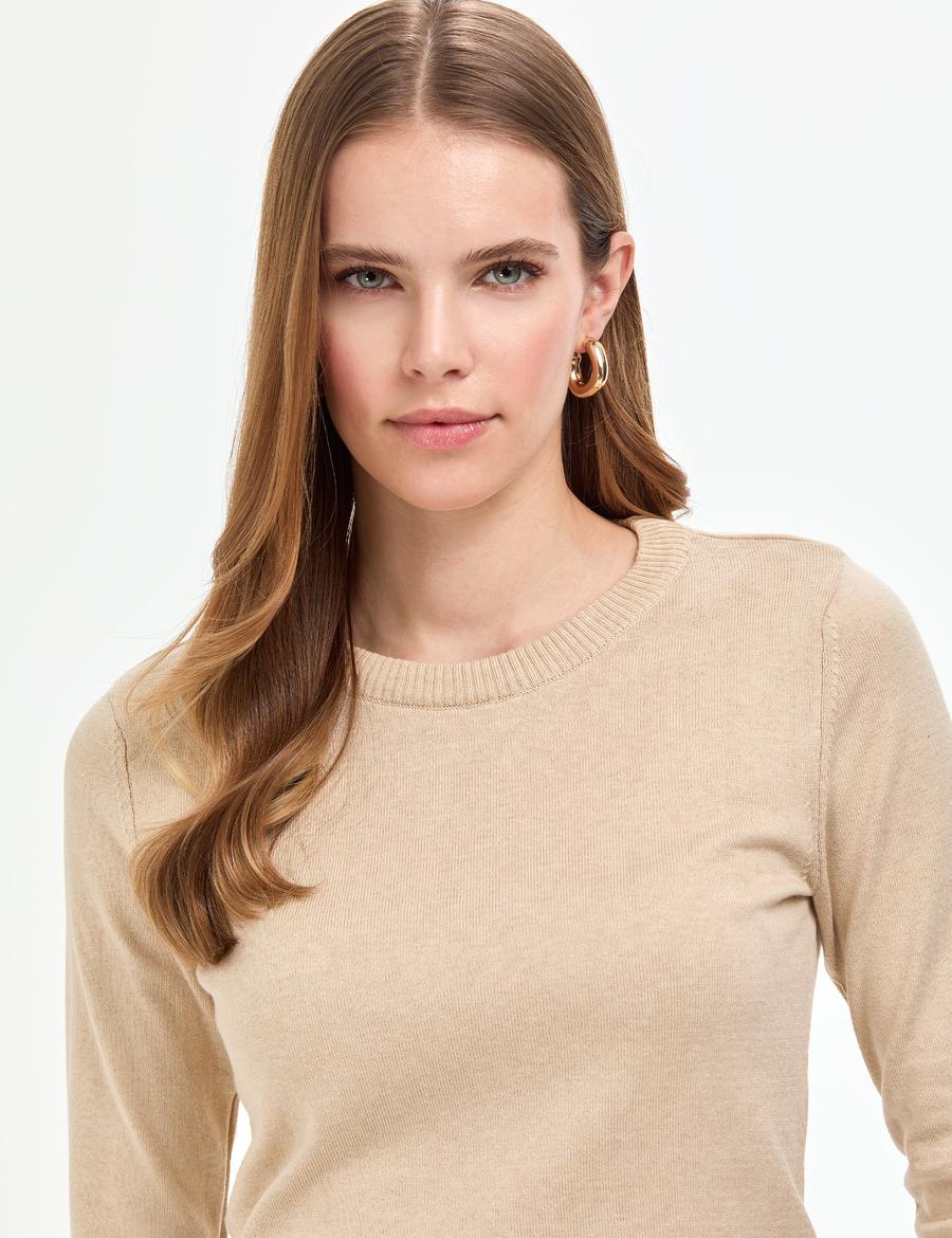 Bej Slim Fit Bisiklet Yaka Basic Kazak