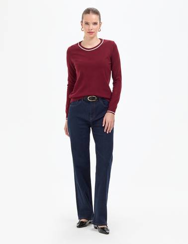 Vişne Slim Fit Çizgi Detaylı Basic Kazak