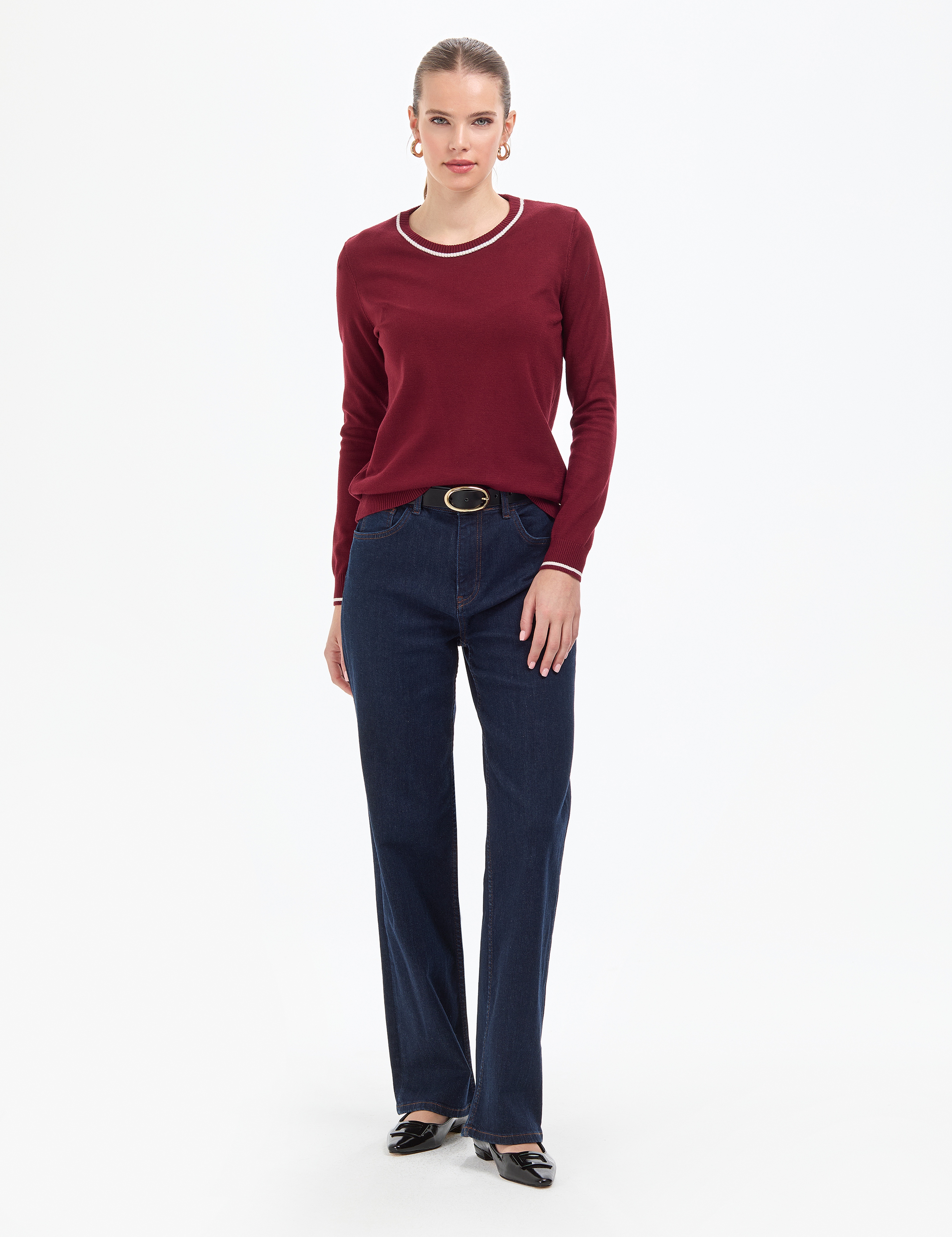 Vişne Slim Fit Çizgi Detaylı Basic Kazak - Image 4