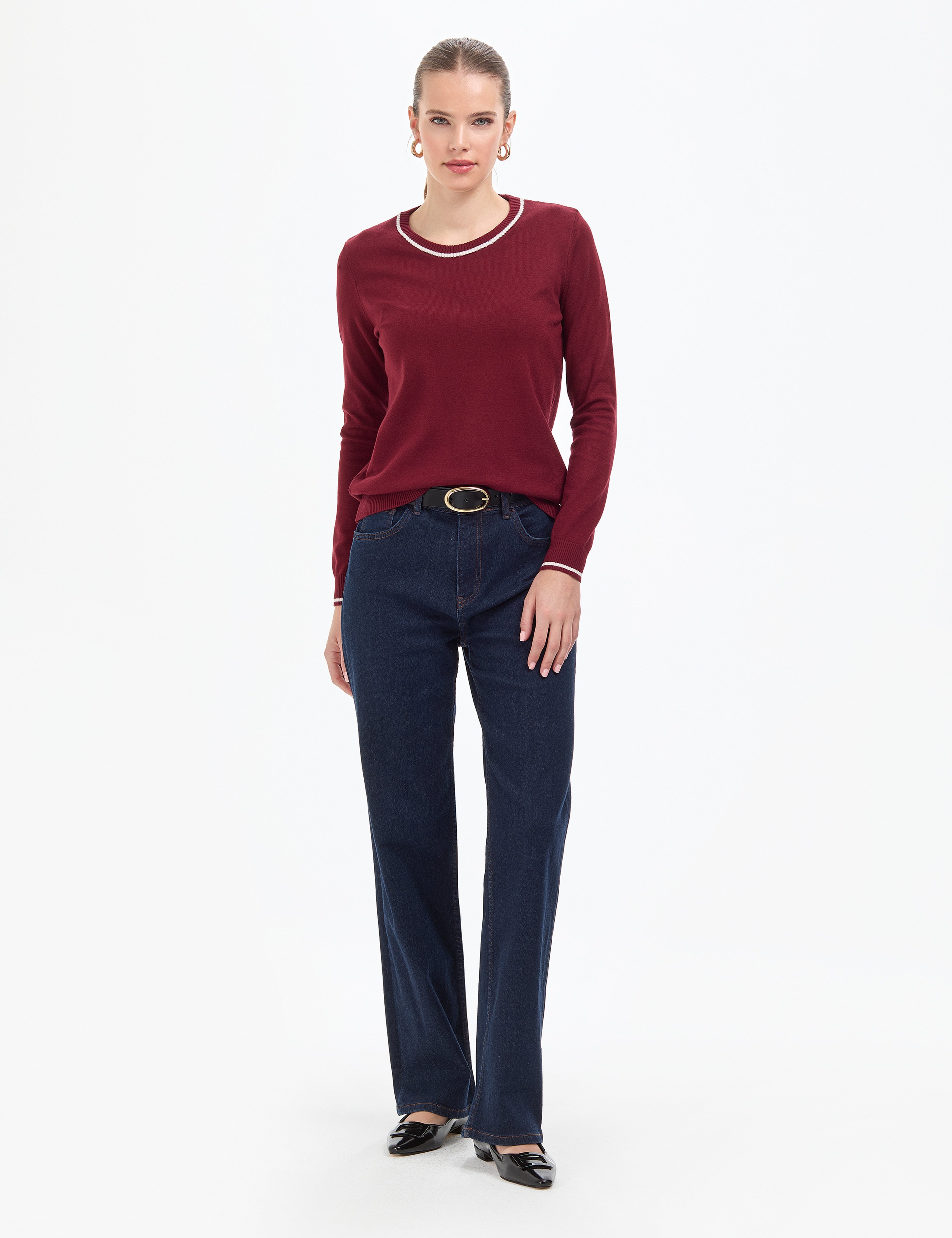 Vişne Slim Fit Çizgi Detaylı Basic Kazak