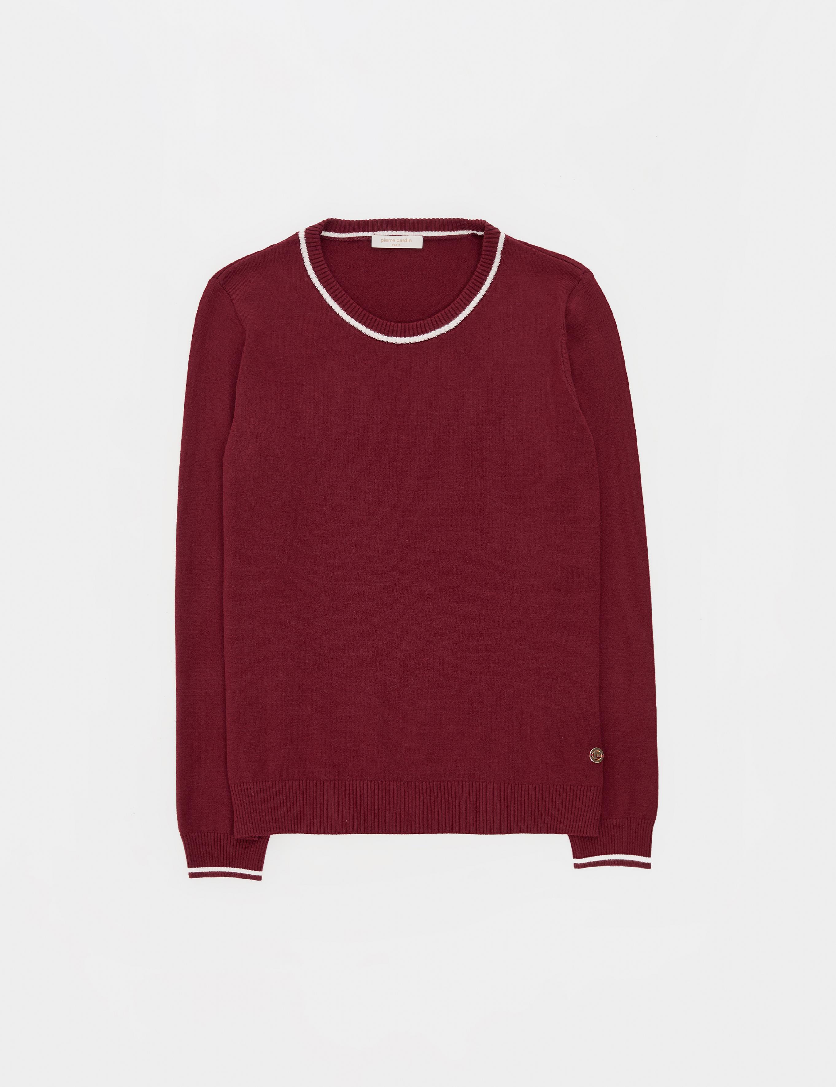 Vişne Slim Fit Çizgi Detaylı Basic Kazak