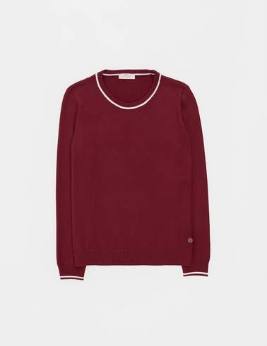 Vişne Slim Fit Çizgi Detaylı Basic Kazak