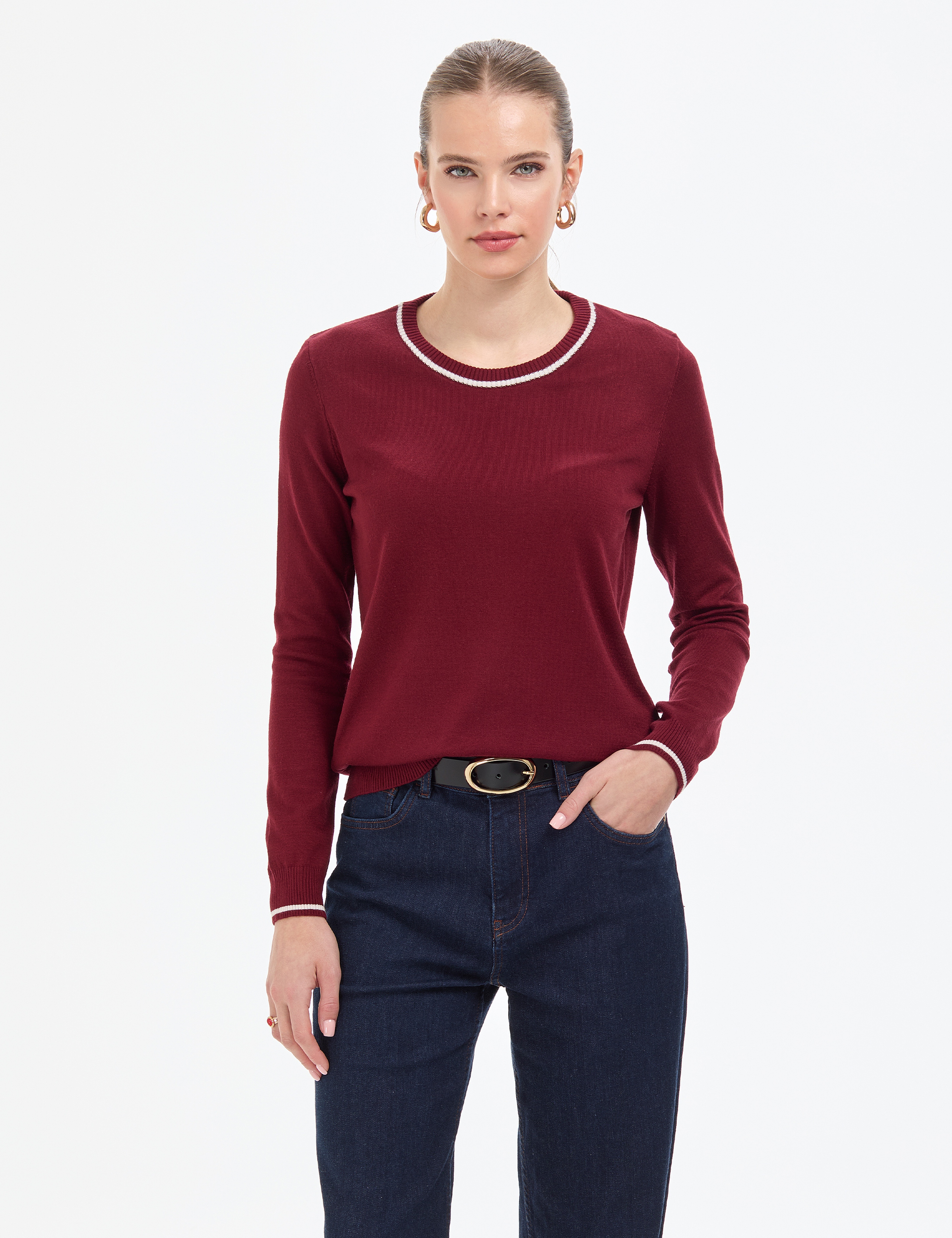 Vişne Slim Fit Çizgi Detaylı Basic Kazak - Image 1