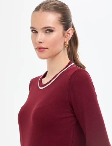Vişne Slim Fit Çizgi Detaylı Basic Kazak