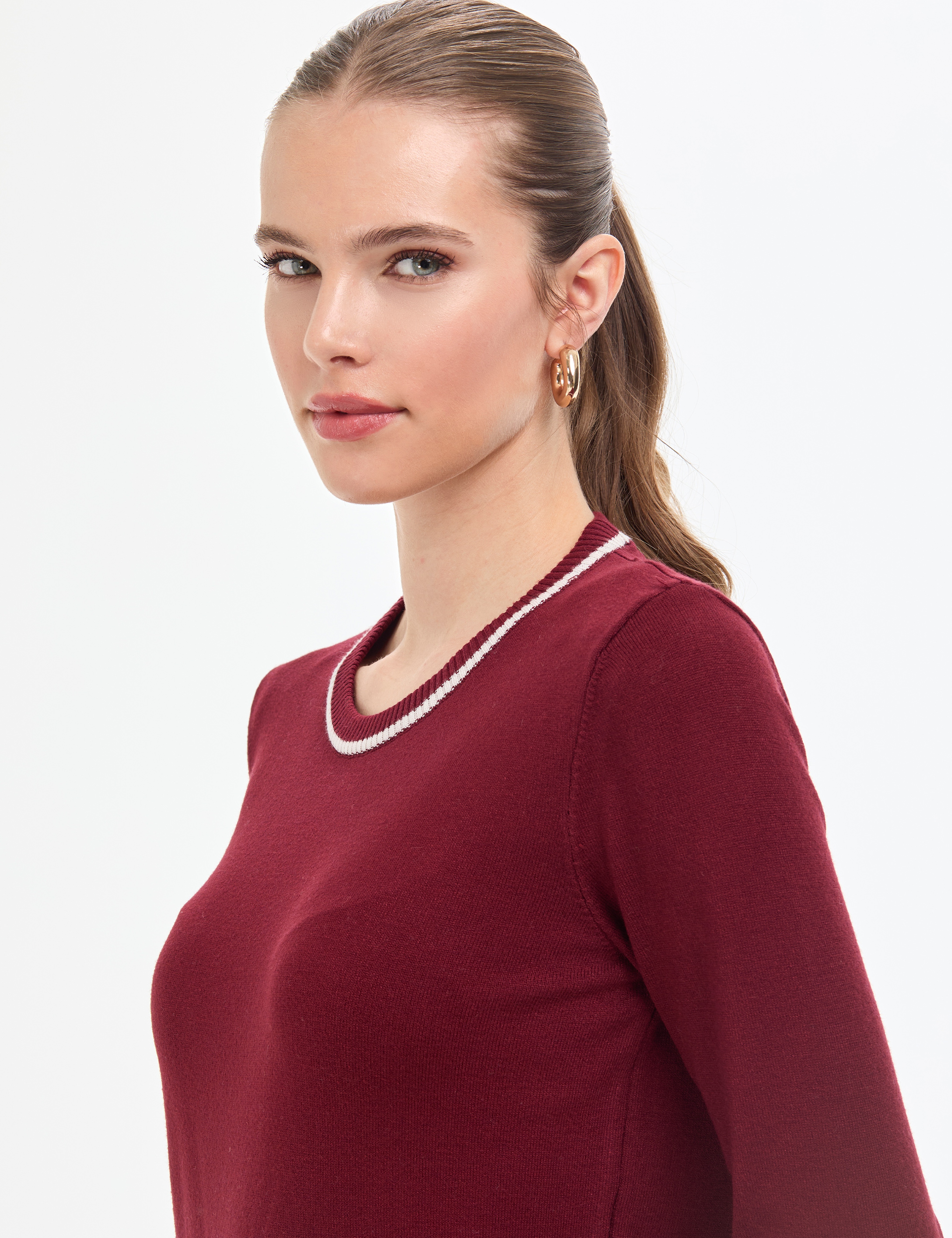 Vişne Slim Fit Çizgi Detaylı Basic Kazak