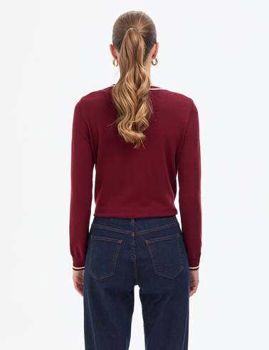 Vişne Slim Fit Çizgi Detaylı Basic Kazak