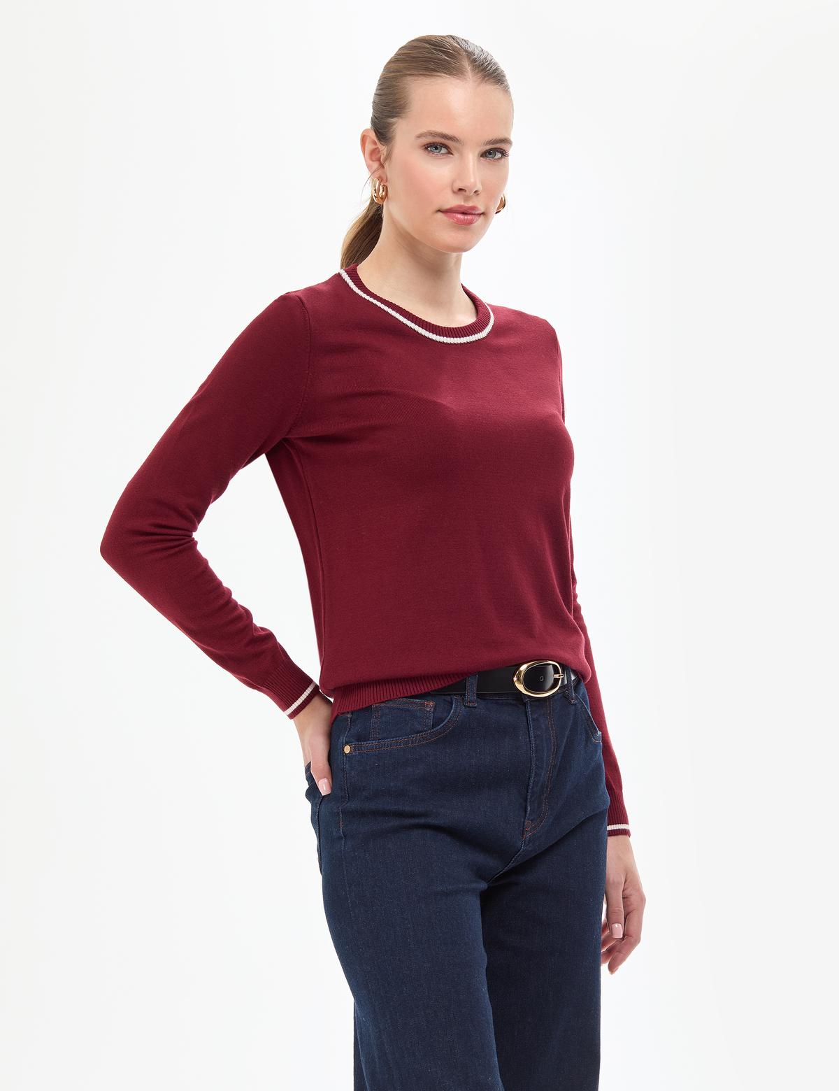 Vişne Slim Fit Çizgi Detaylı Basic Kazak - 50315910018