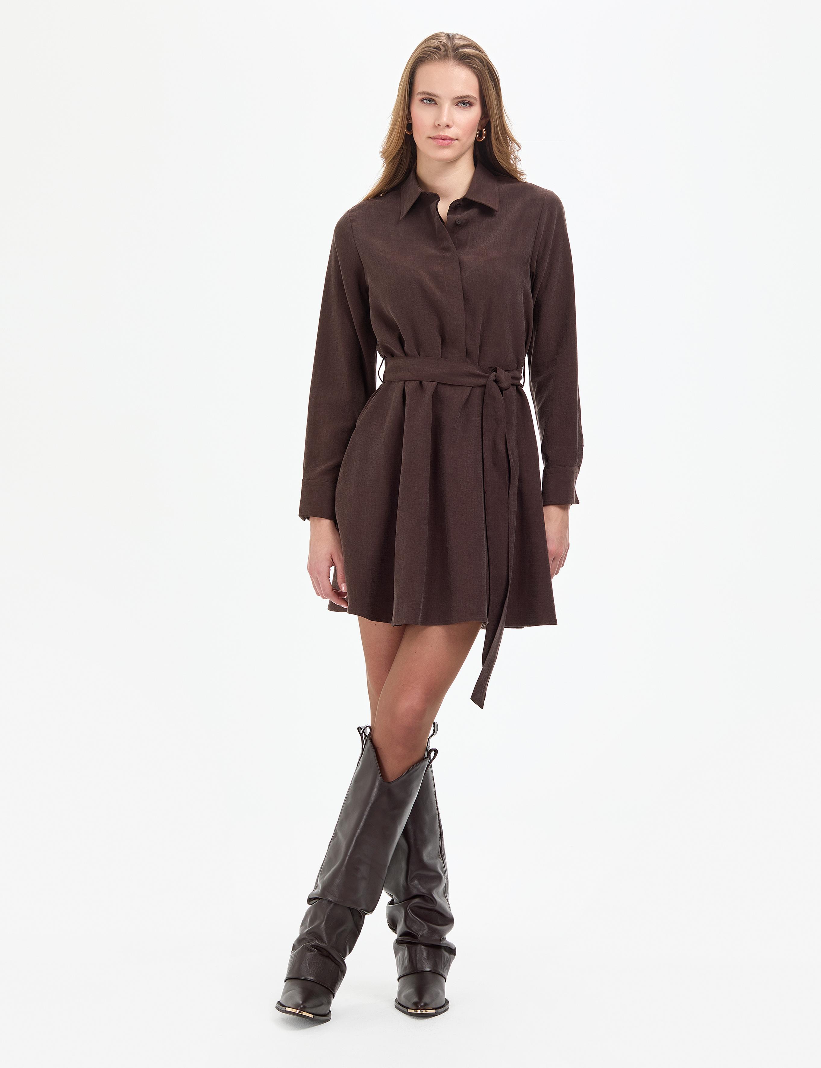 Koyu Kahverengi Comfort Fit Dokuma Elbise