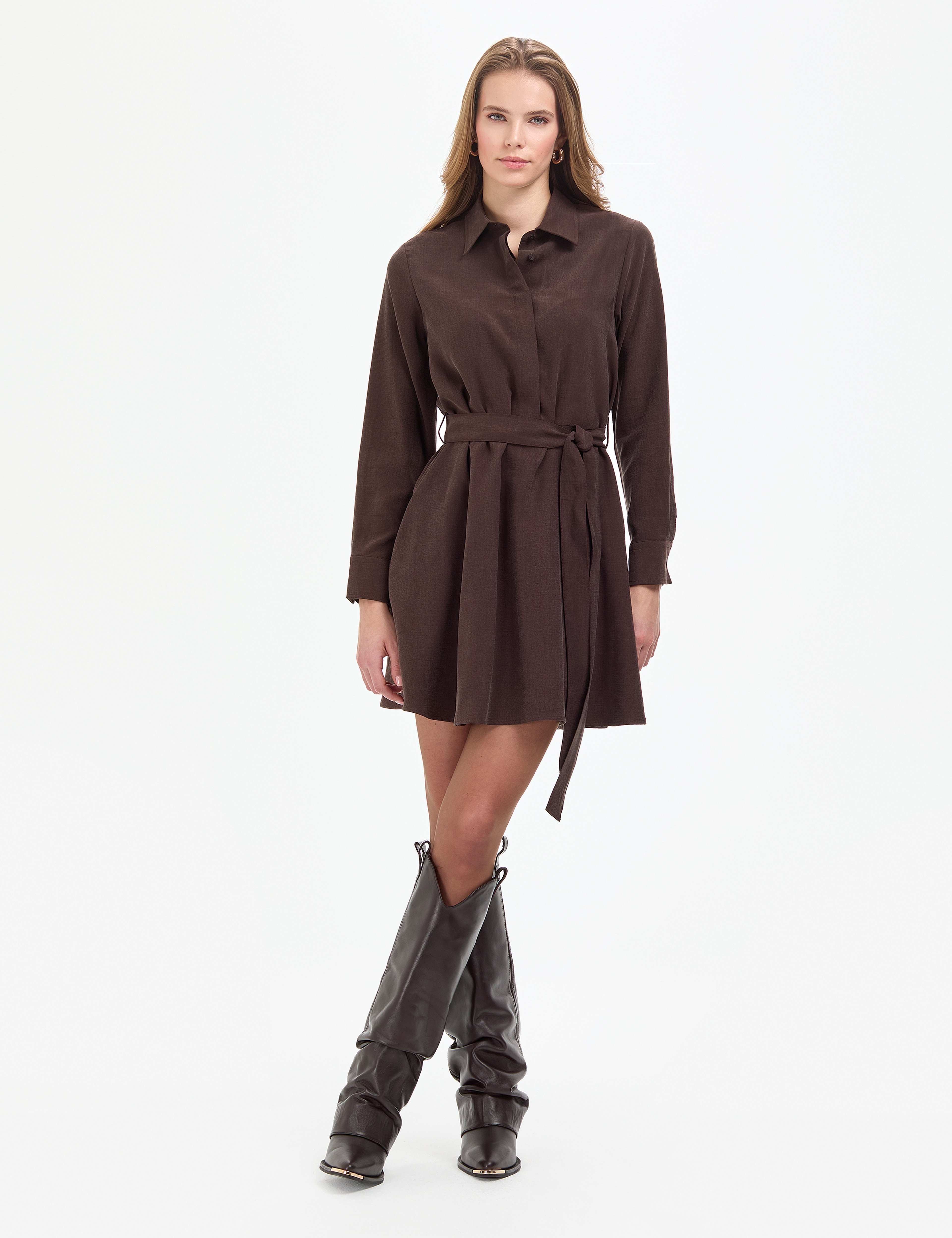Koyu Kahverengi Comfort Fit Dokuma Elbise - Image 1