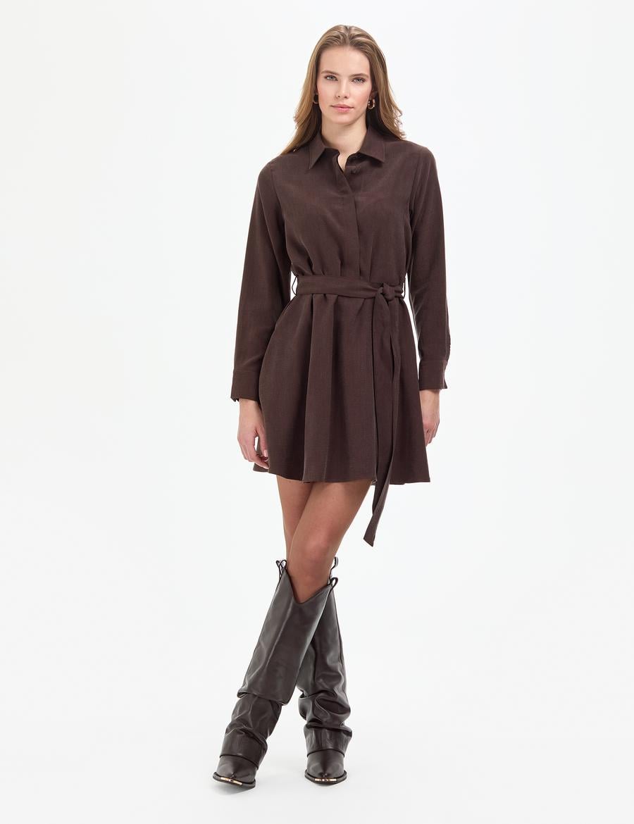Koyu Kahverengi Comfort Fit Dokuma Elbise