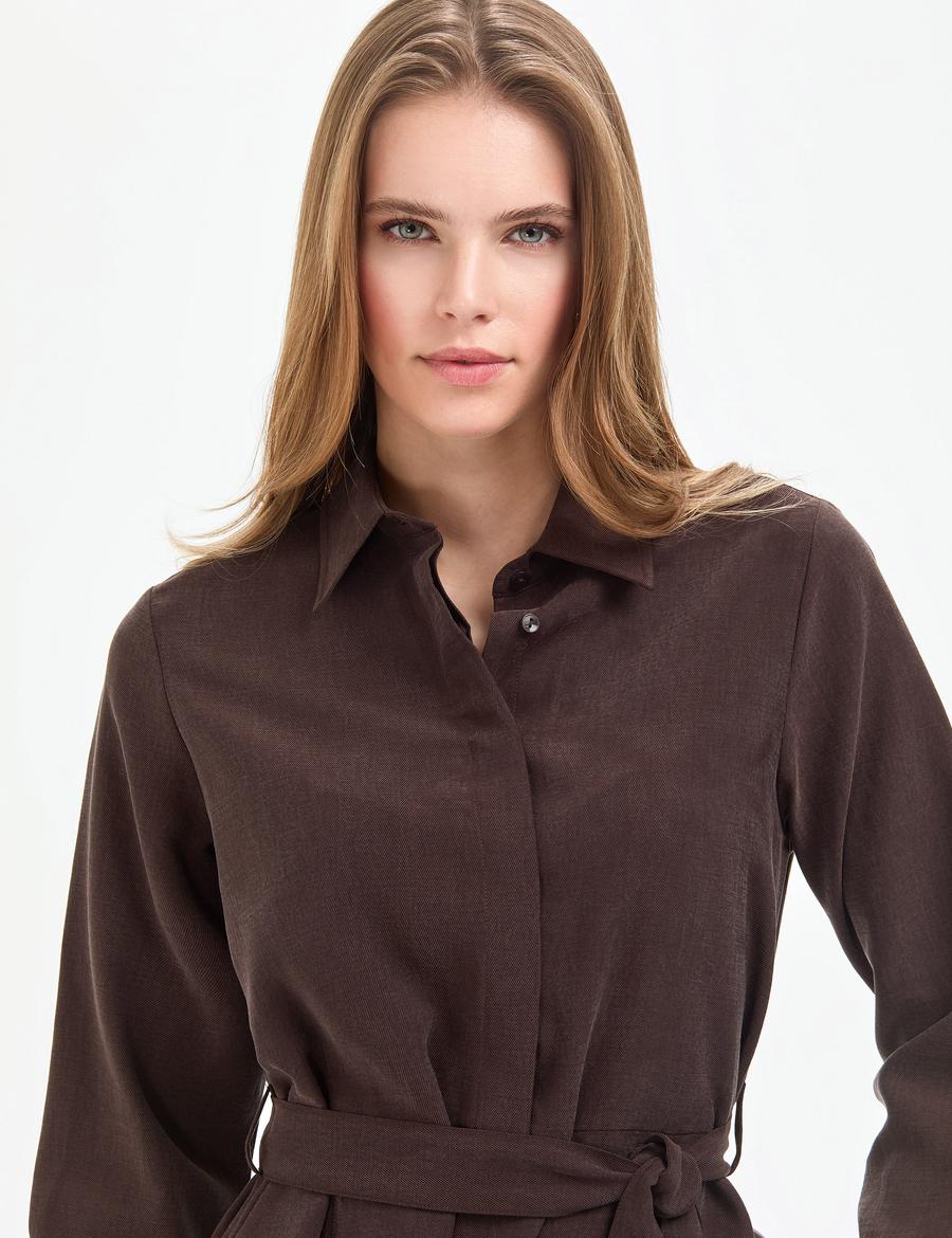 Koyu Kahverengi Comfort Fit Dokuma Elbise