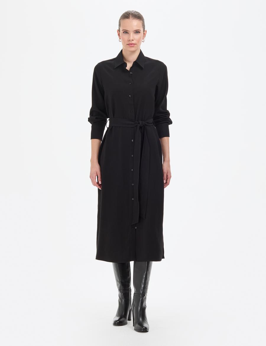 Siyah Comfort Fit Dokuma Elbise