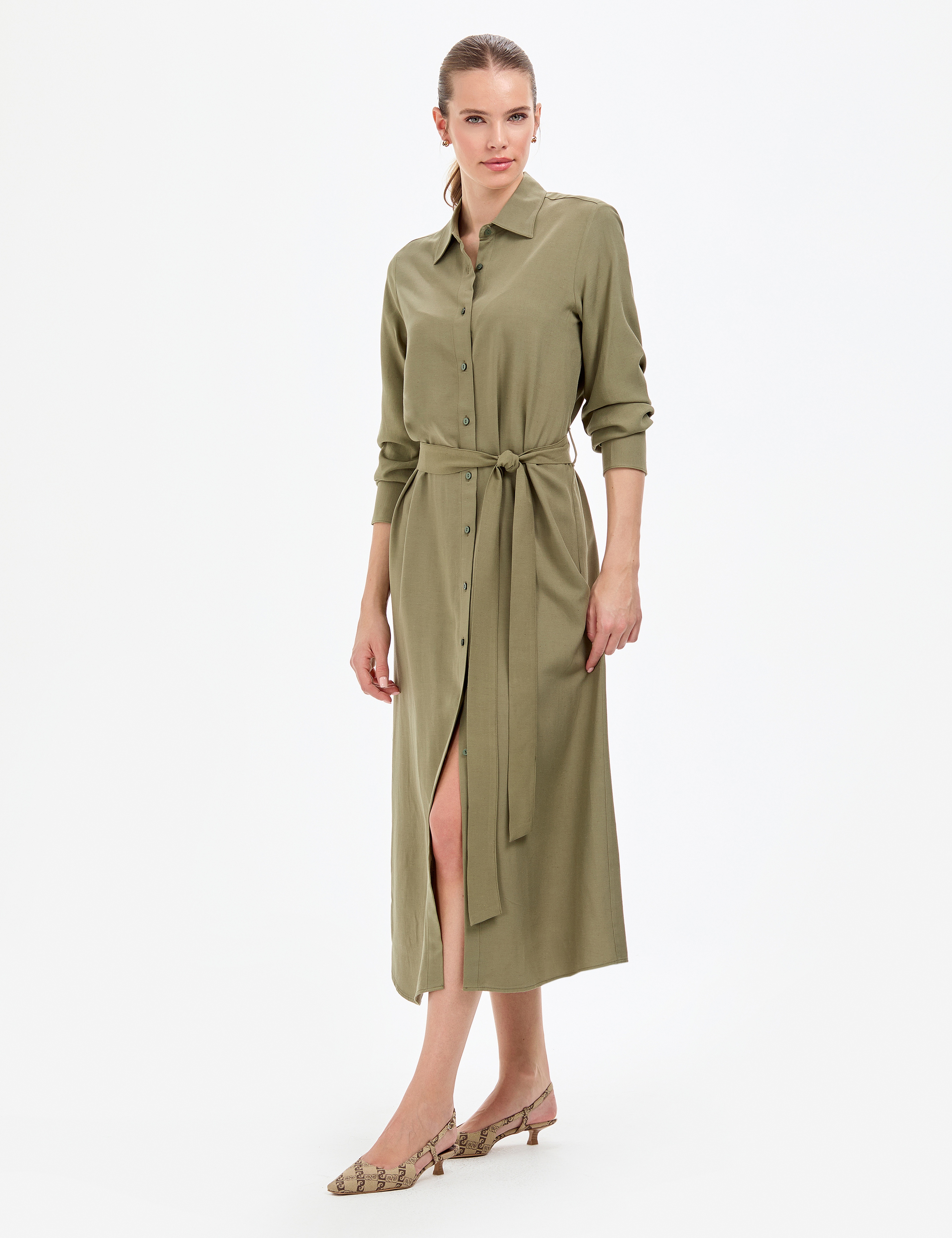 Haki Comfort Fit Dokuma Elbise