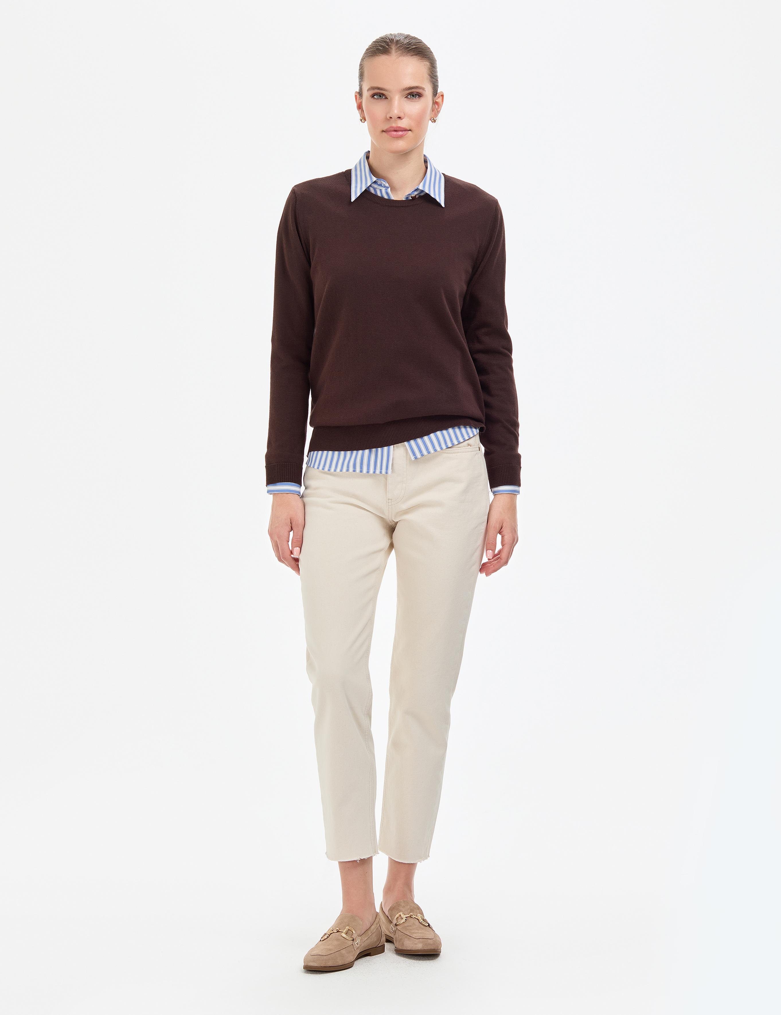 Kahverengi Comfort Fit Bisiklet Yaka Basic Kazak