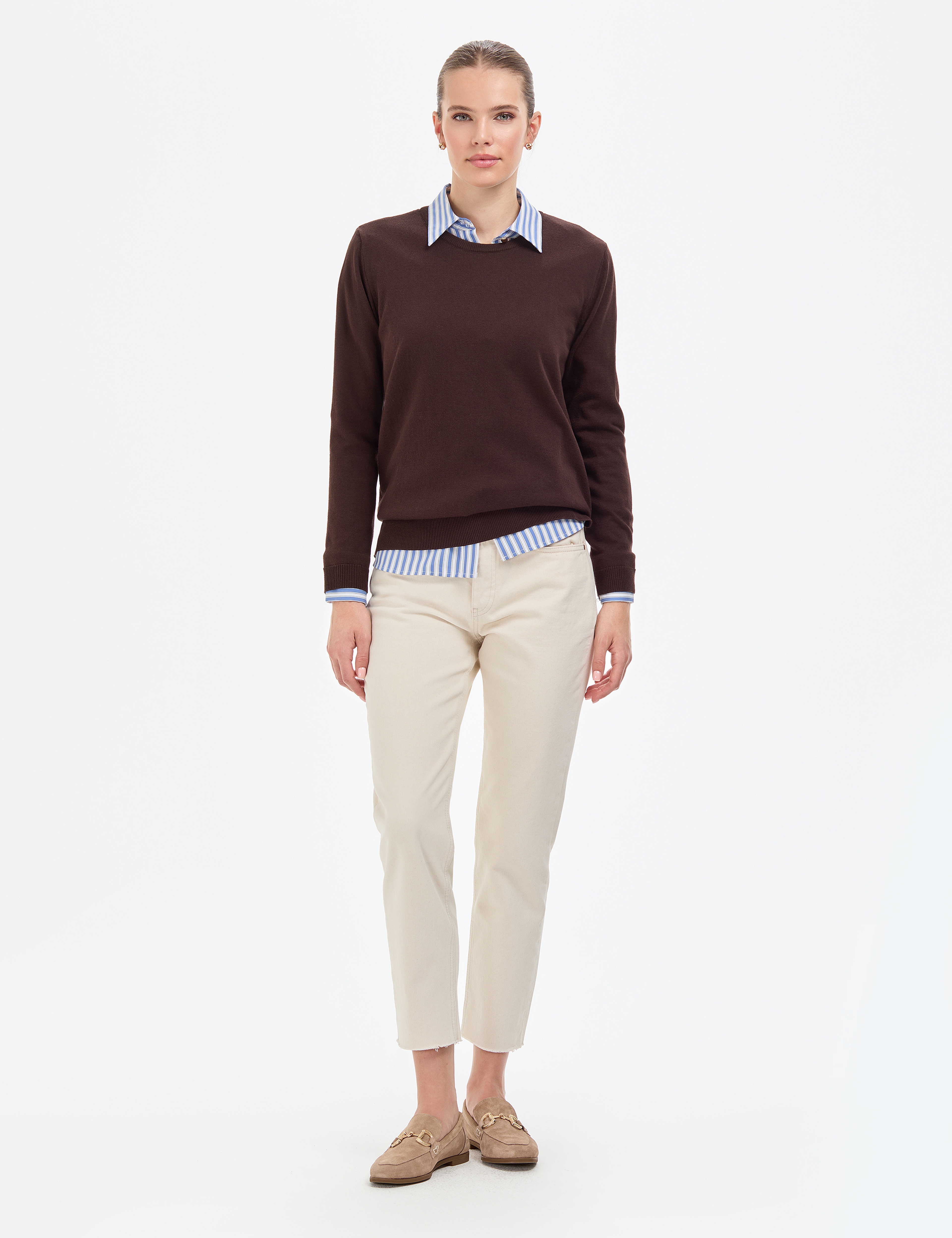 Kahverengi Comfort Fit Bisiklet Yaka Basic Kazak