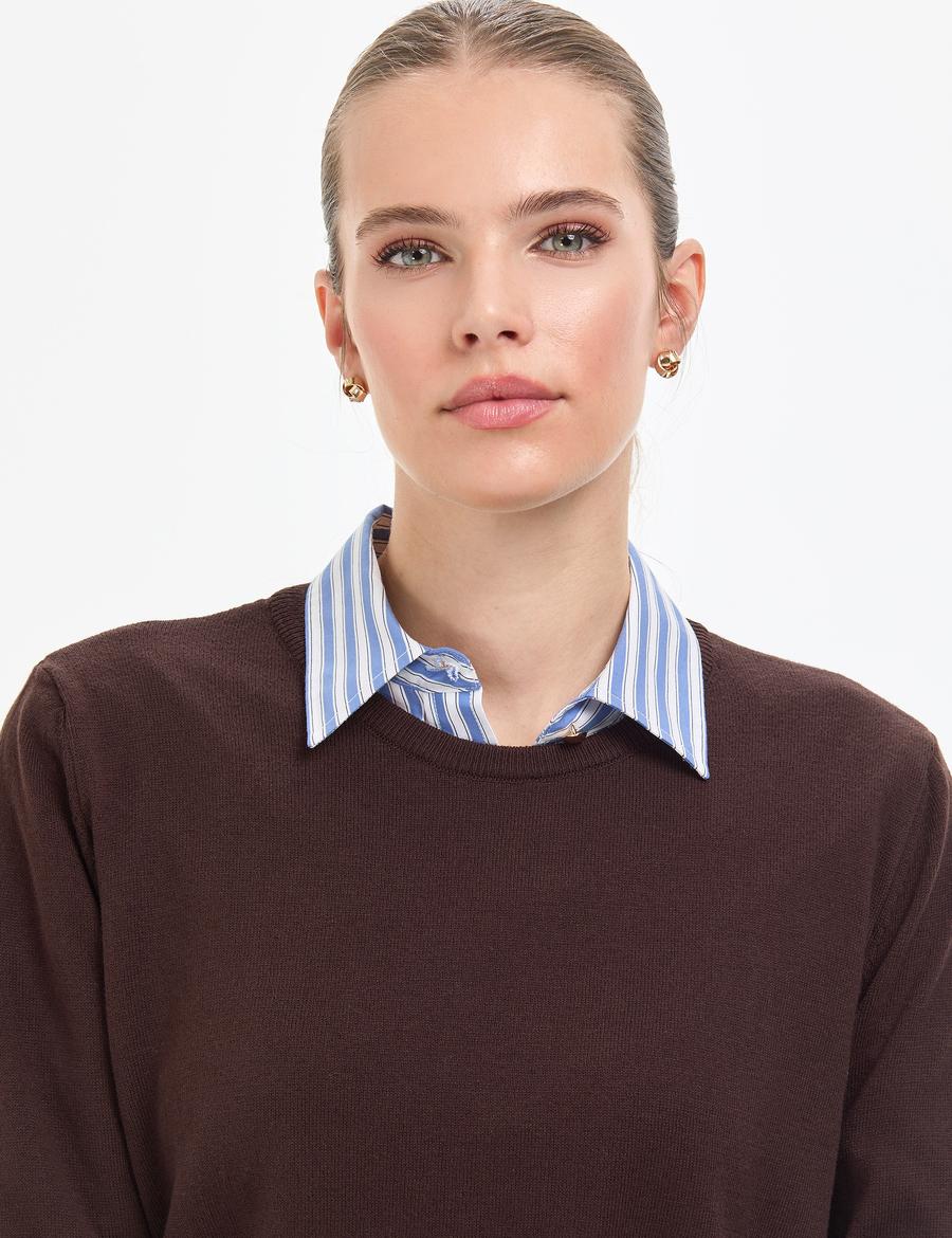 Kahverengi Comfort Fit Bisiklet Yaka Basic Kazak