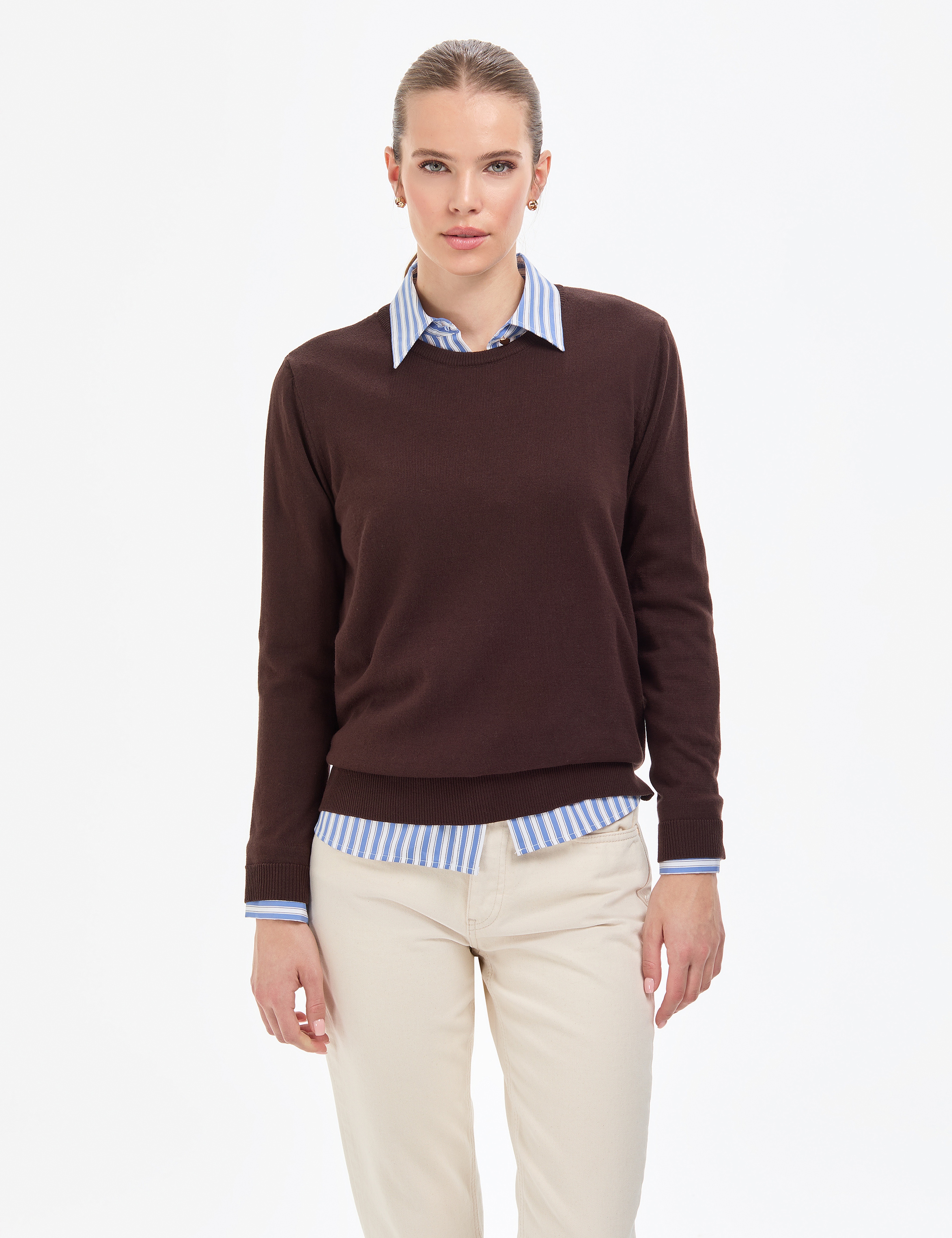 Kahverengi Comfort Fit Bisiklet Yaka Basic Kazak - Image 1
