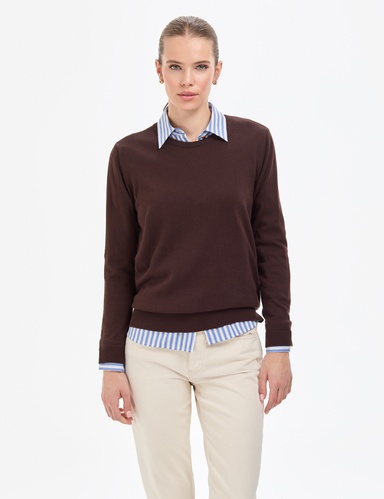 Kahverengi Comfort Fit Bisiklet Yaka Basic Kazak