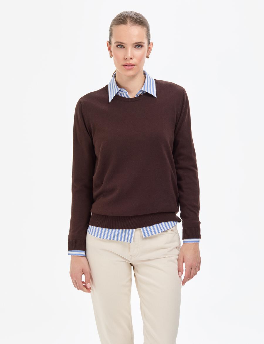 Kahverengi Comfort Fit Bisiklet Yaka Basic Kazak