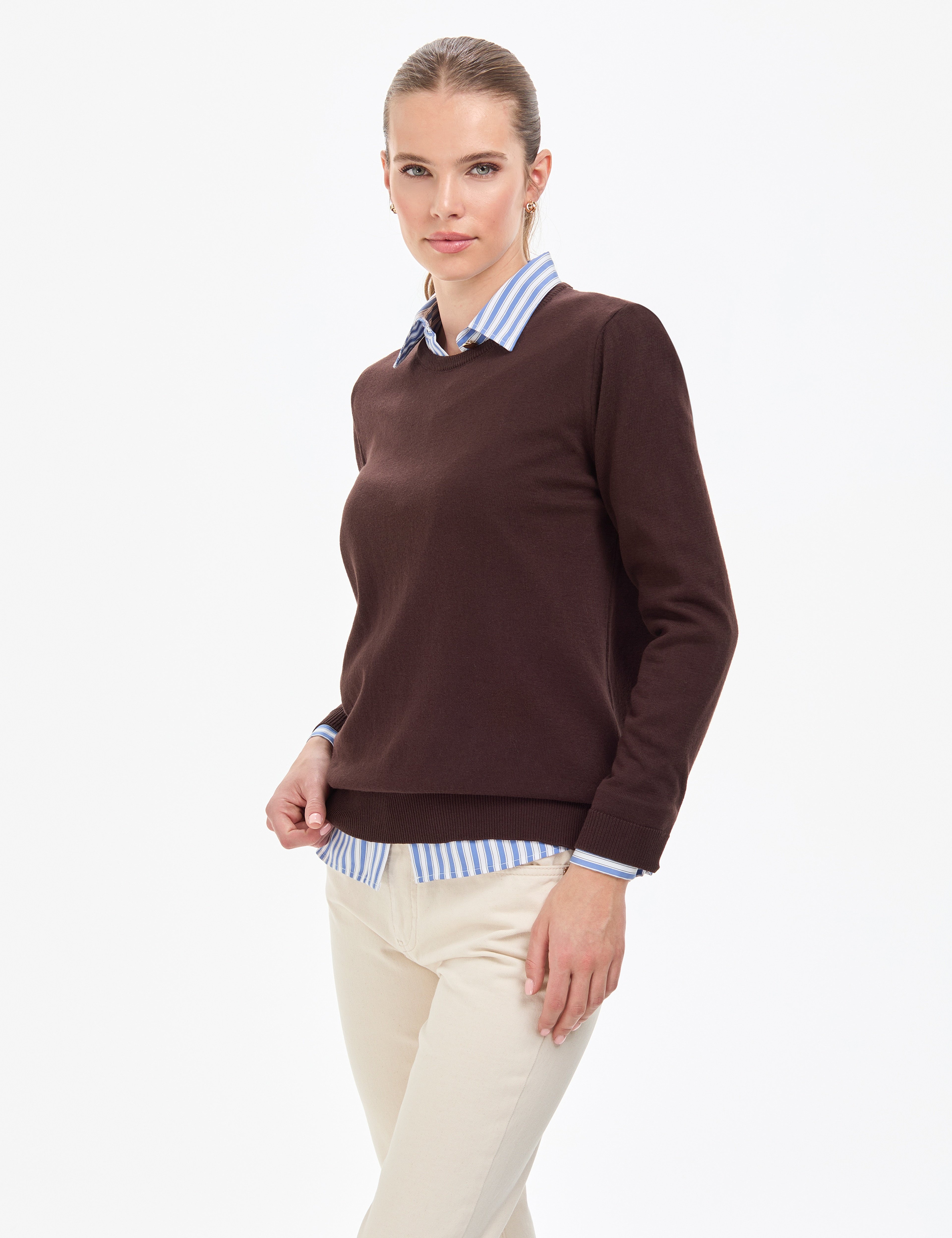 Kahverengi Comfort Fit Bisiklet Yaka Basic Kazak - Image 3