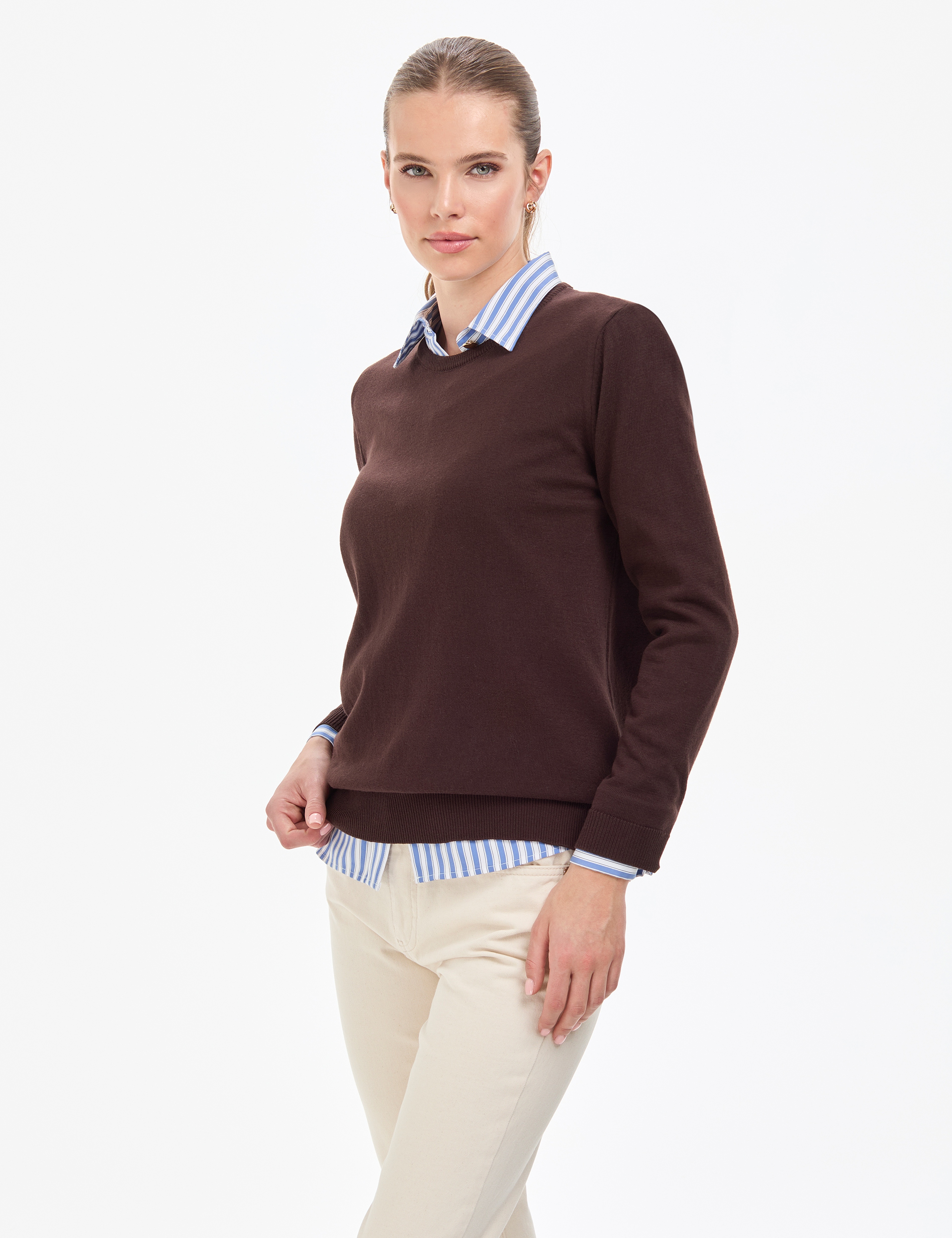 Kahverengi Comfort Fit Bisiklet Yaka Basic Kazak