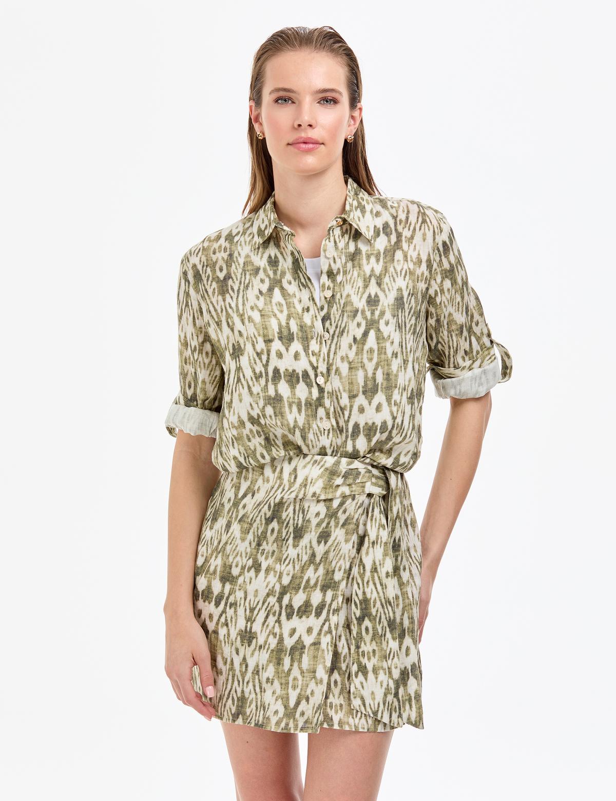 Haki Comfort Fit Uzun Kollu Keten Gömlek