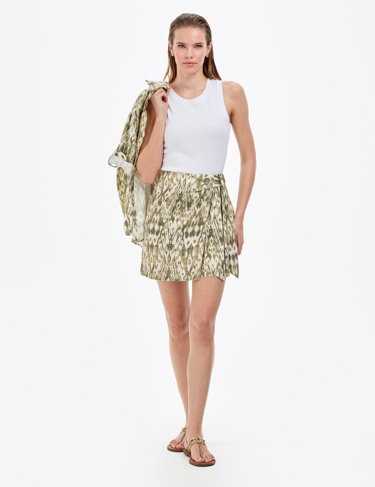 Haki Slim Fit Keten Dokuma Etek