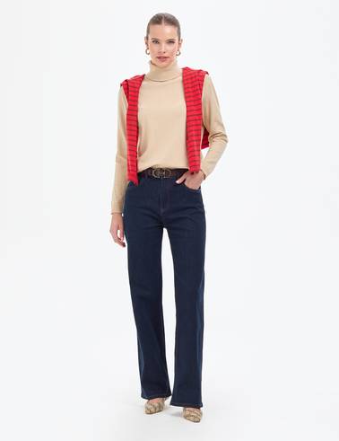 Bej Comfort Fit Tam Balıkçı Yaka Basic Kazak