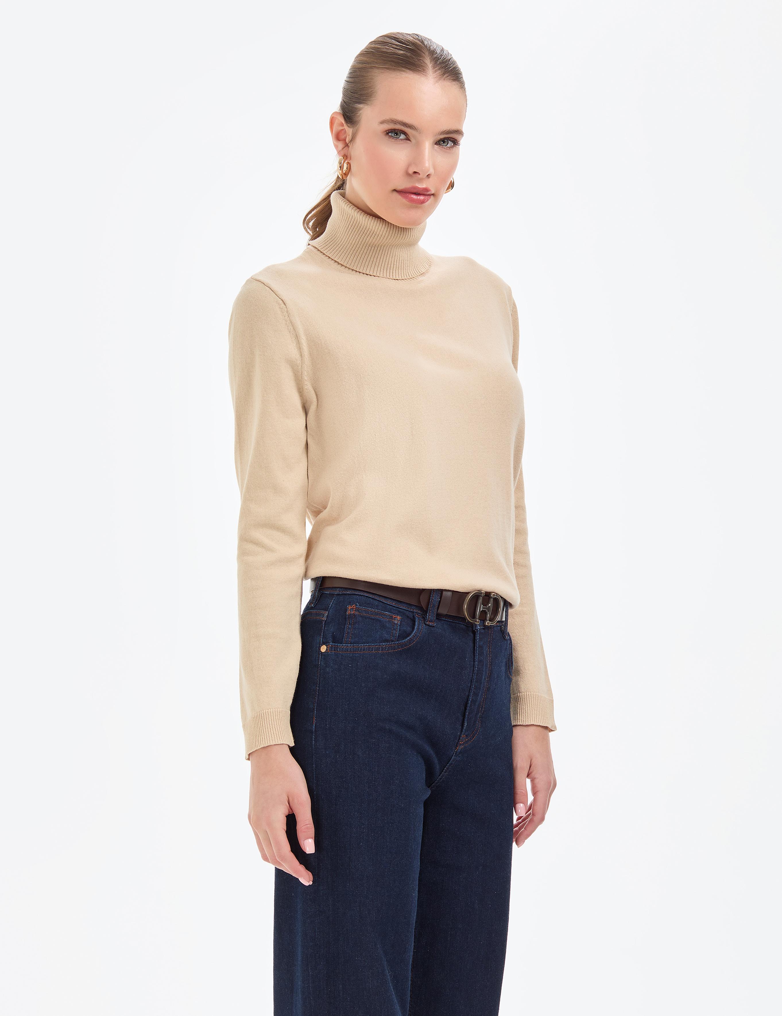 Bej Comfort Fit Tam Balıkçı Yaka Basic Kazak