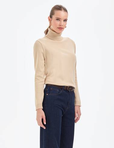 Bej Comfort Fit Tam Balıkçı Yaka Basic Kazak