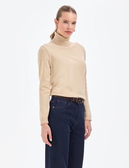 Bej Comfort Fit Tam Balıkçı Yaka Basic Kazak - 50316385004